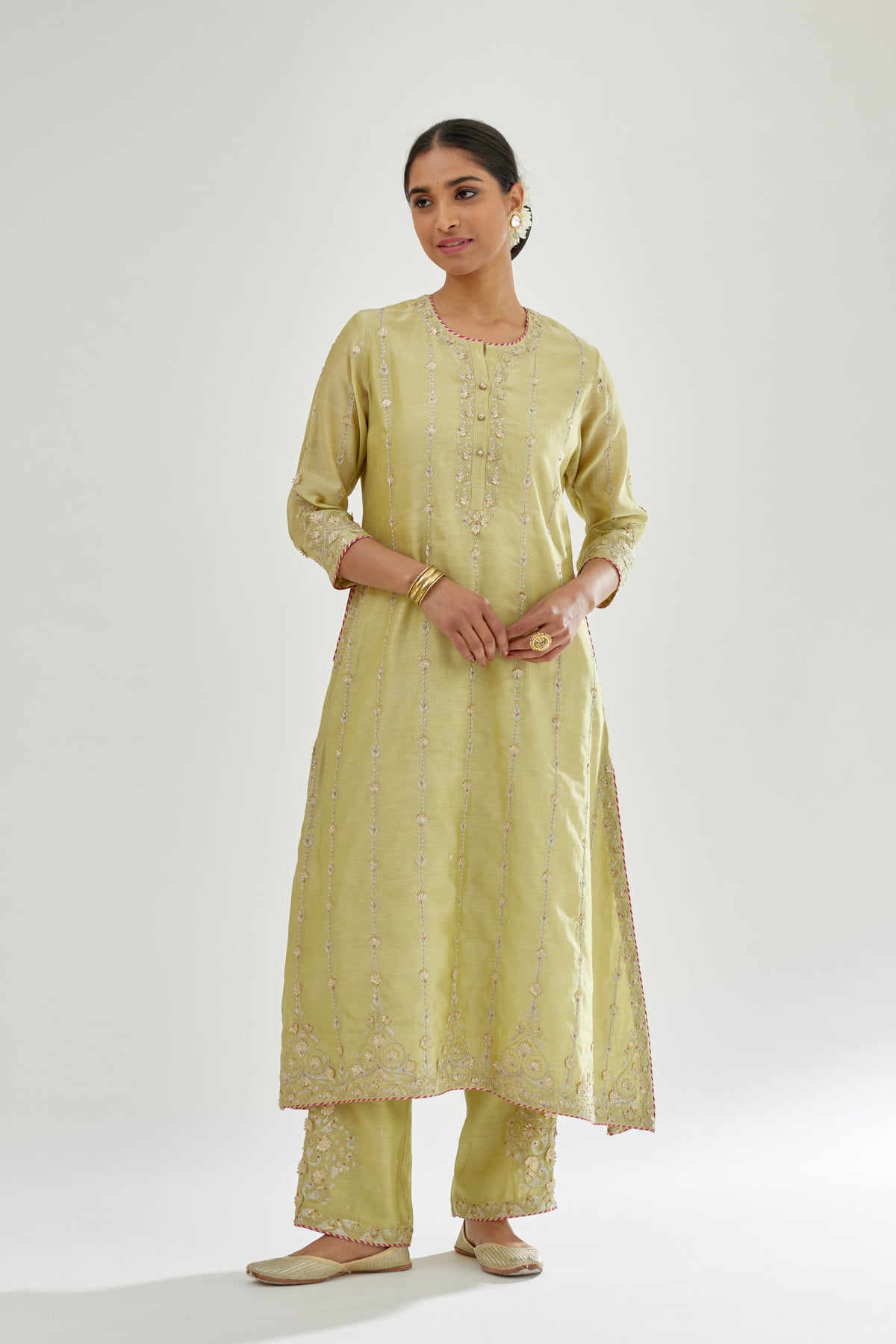 Green Silk Chanderi Straight Kurta Set