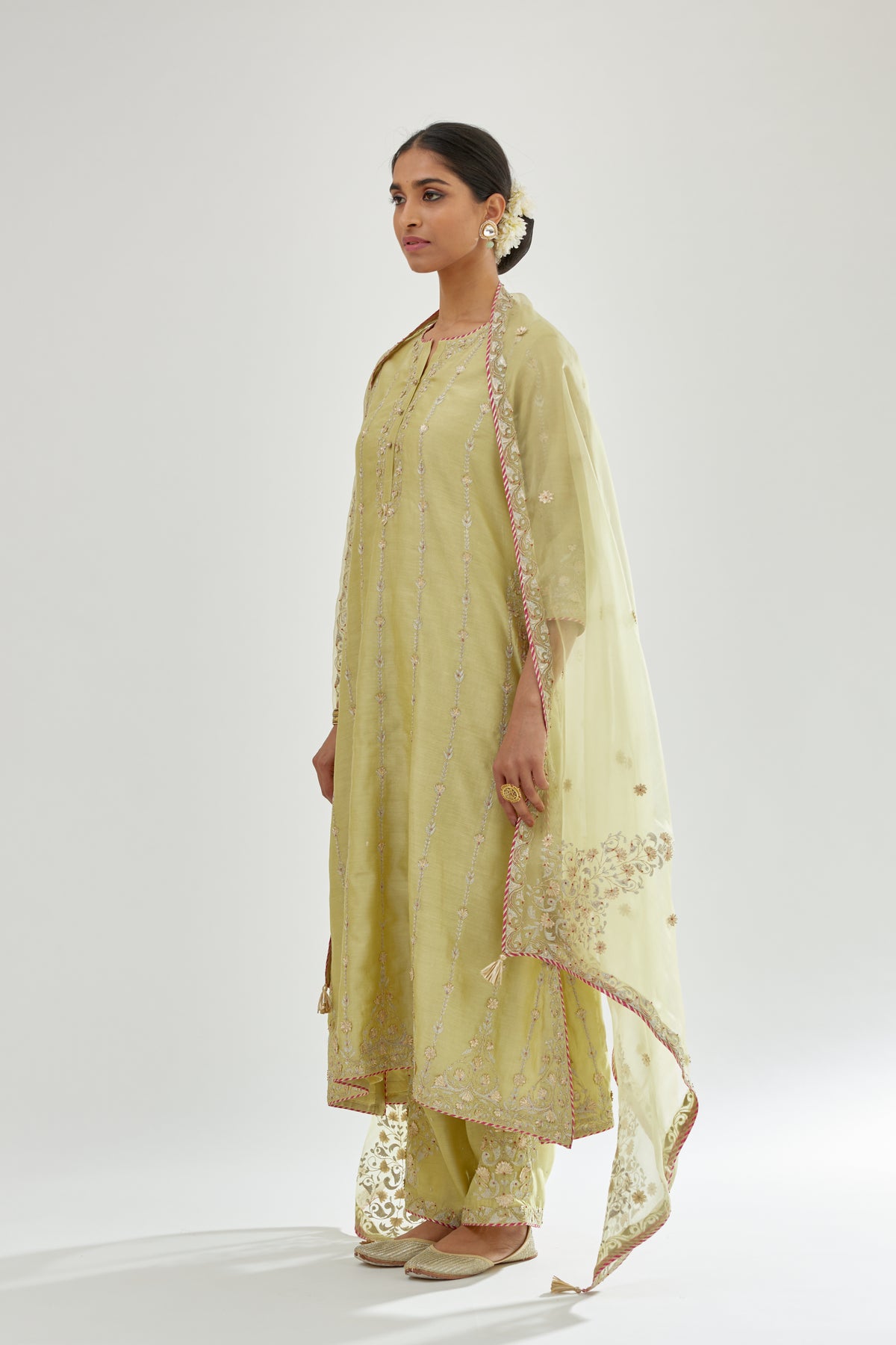 Green Silk Chanderi Straight Kurta Set