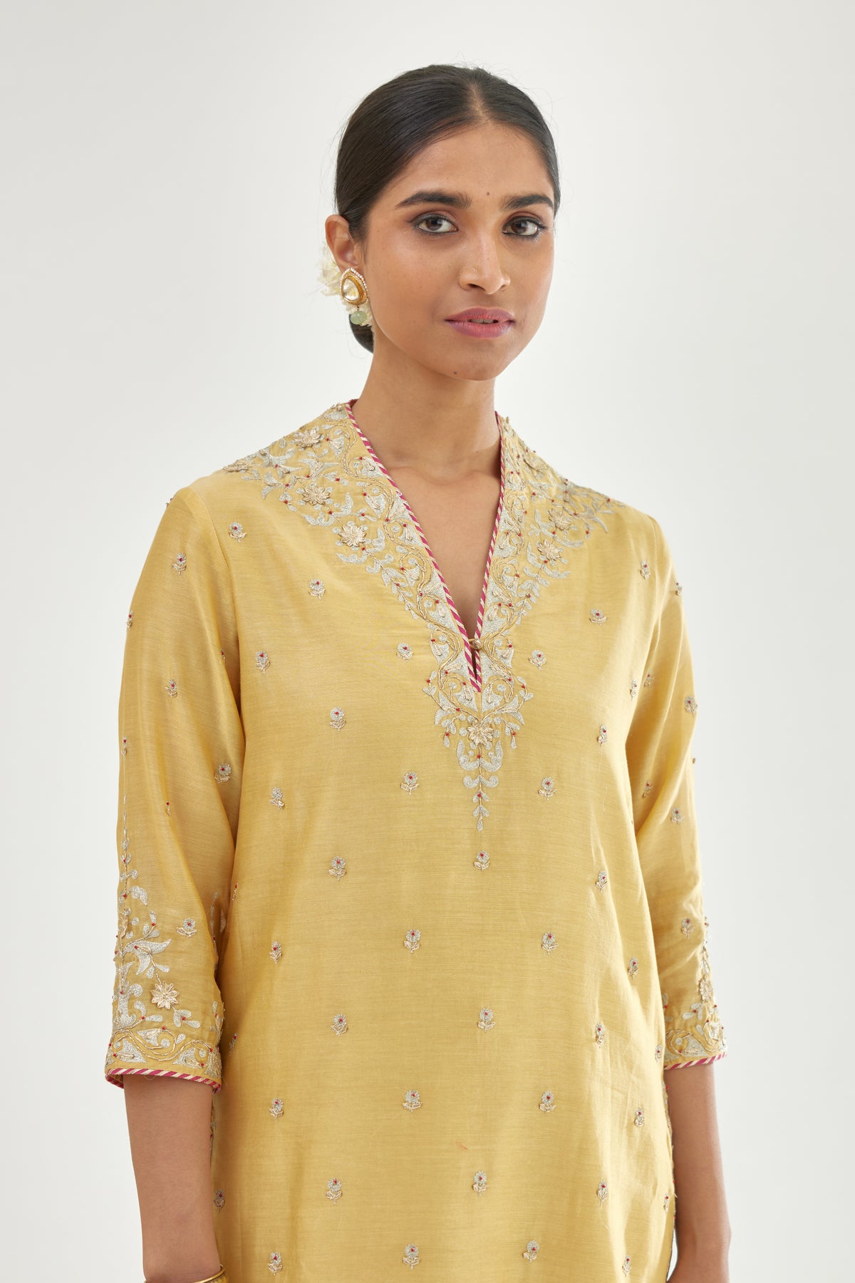 Yellow Silk Chanderi Straight Kurta Set