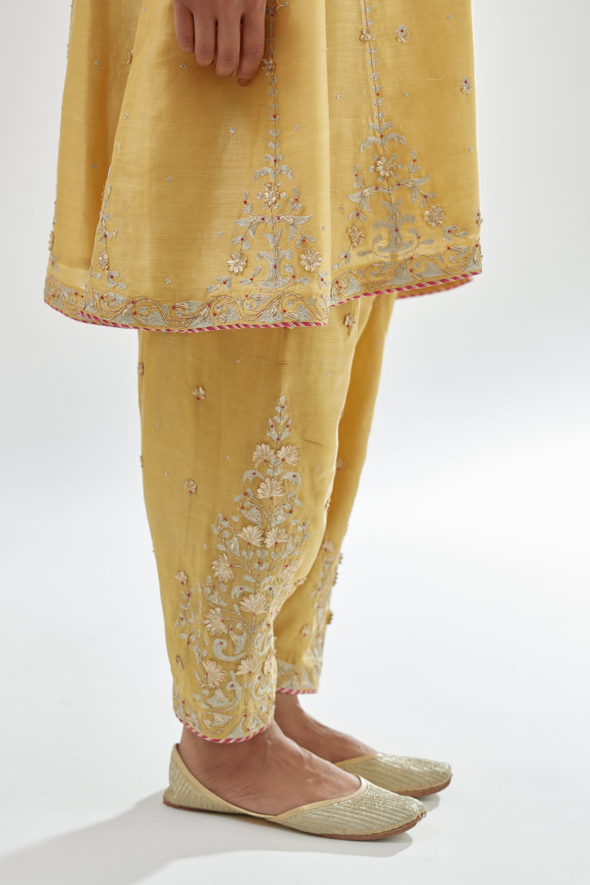 Yellow Silk Chanderi Short Kalidar Kurta Set