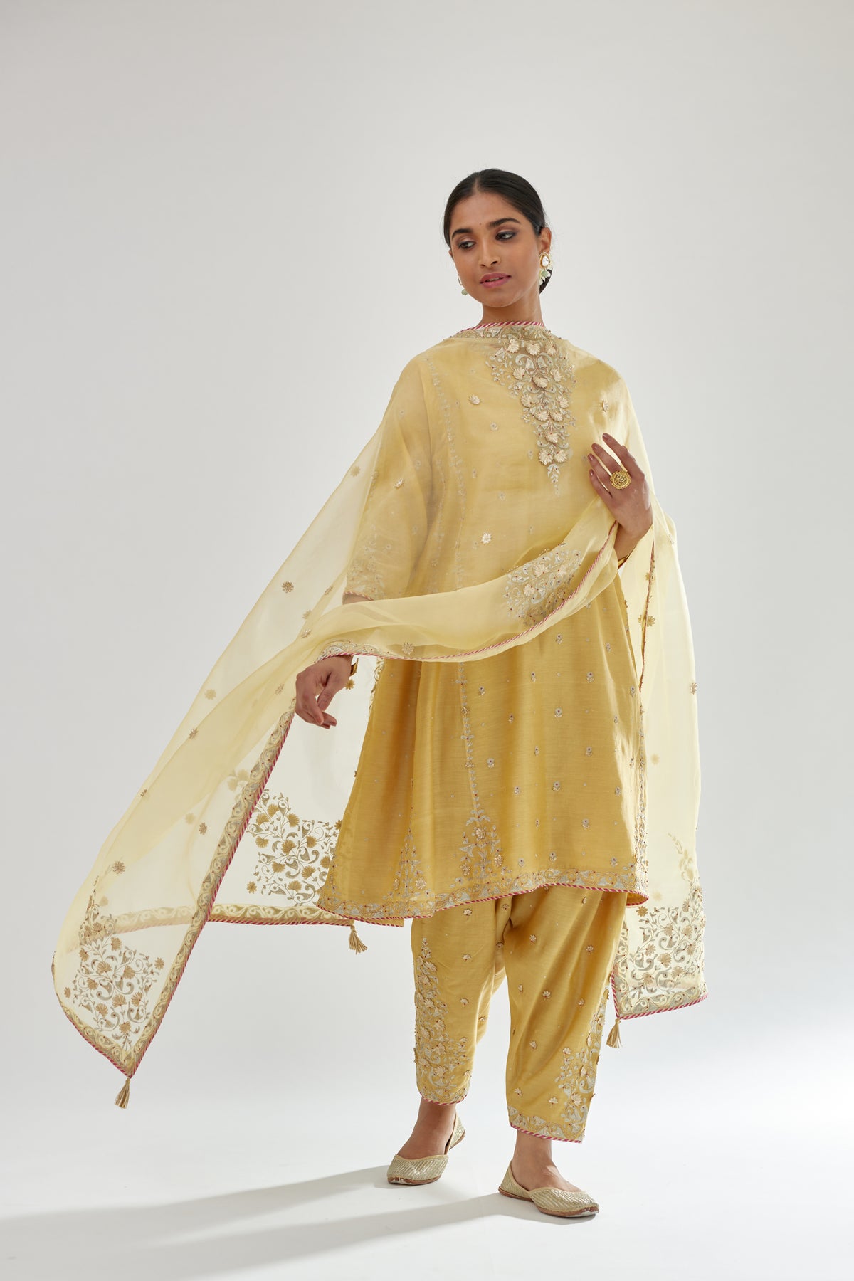 Yellow Silk Chanderi Short Kalidar Kurta Set