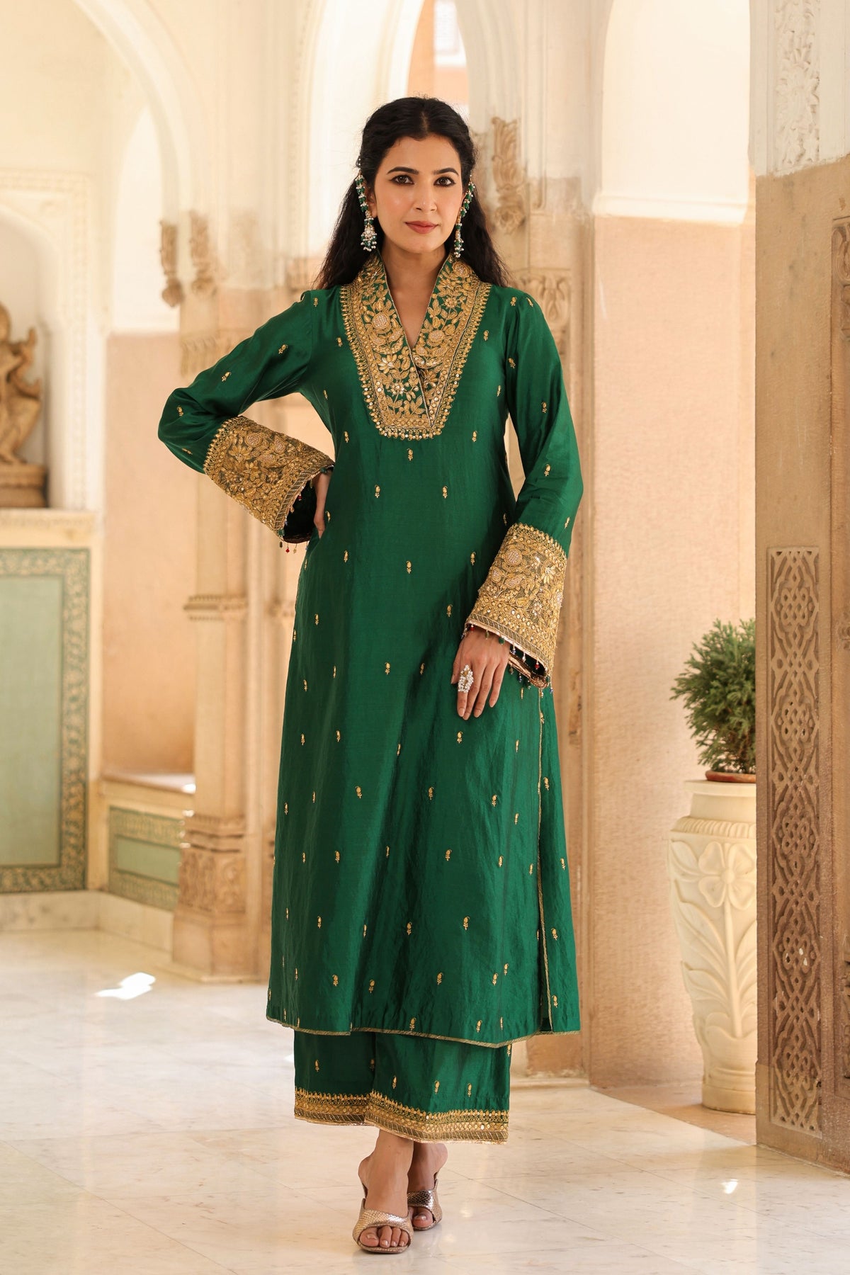 Emerald Green Collar Kurta Set