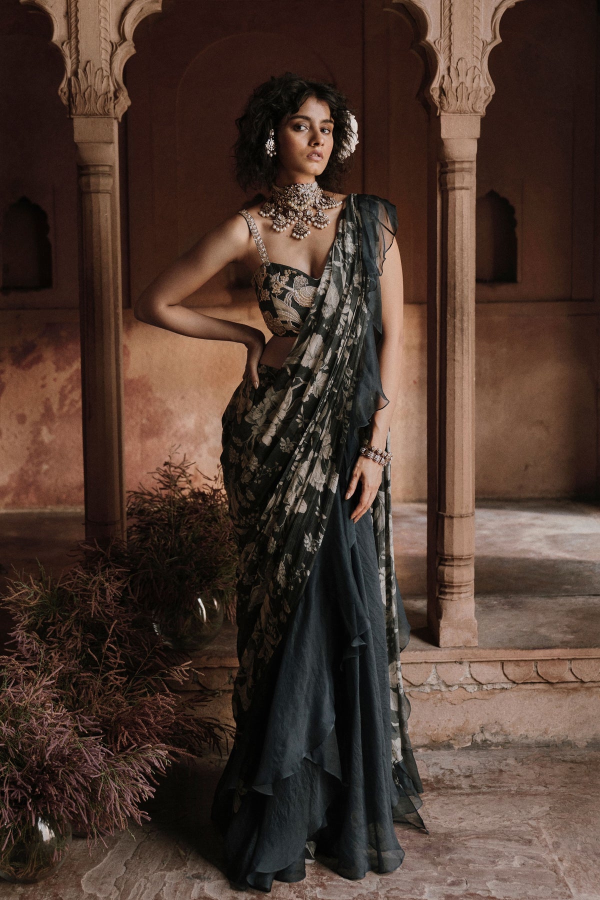 Navy Blue Pre-stitched Saree Set