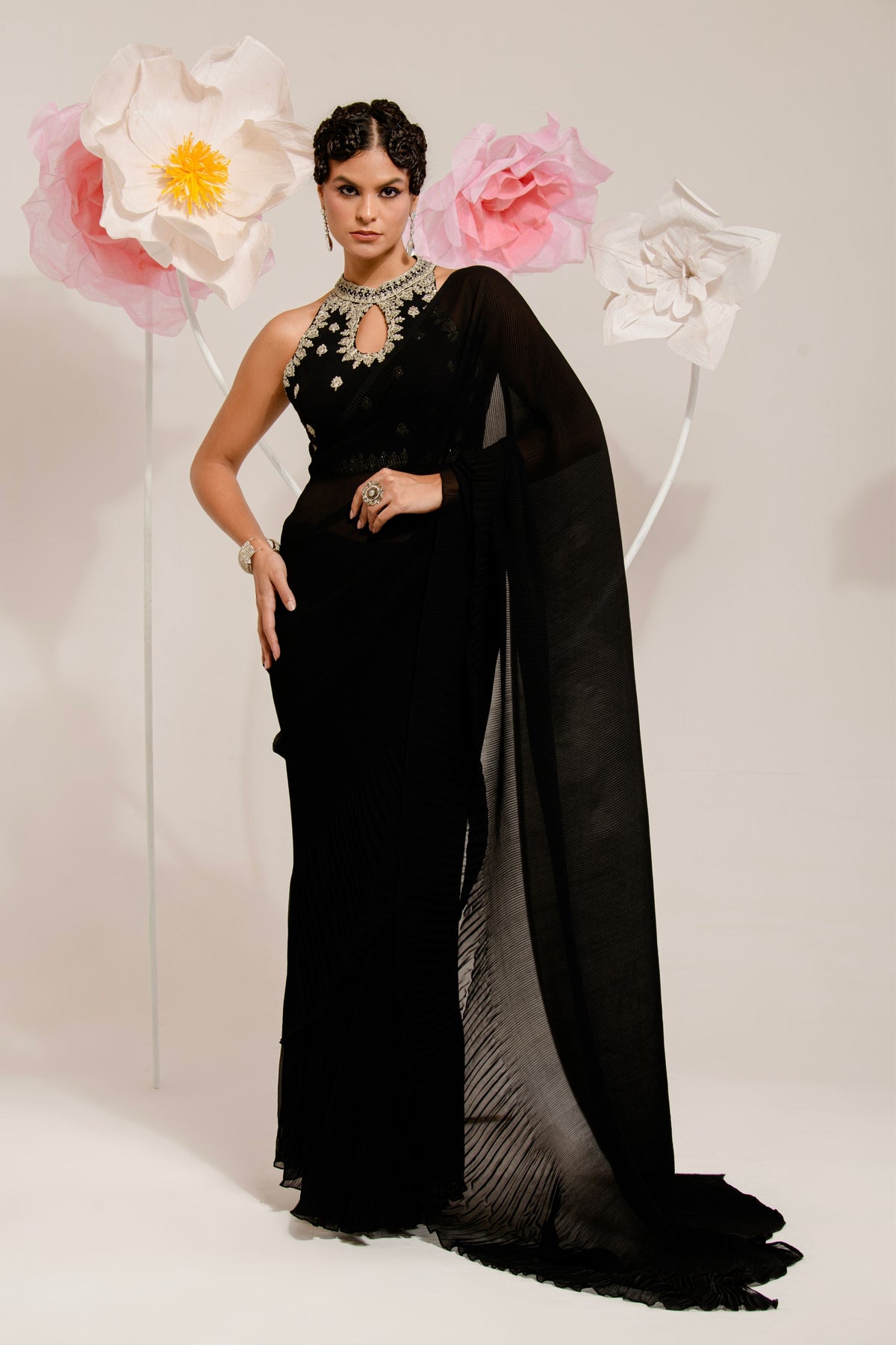 Pre-draped Black Pleated Saree