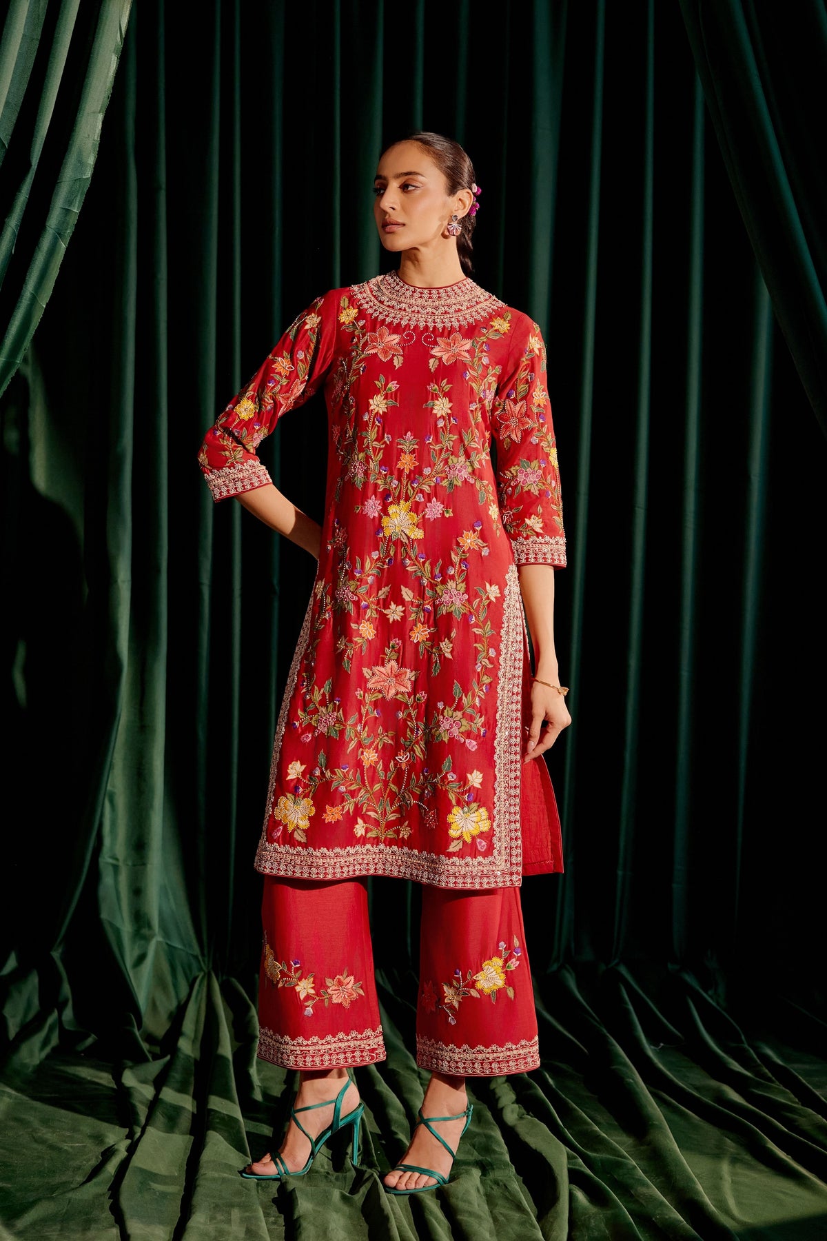 Red Multicolor Floral Embroidered Kurta Set