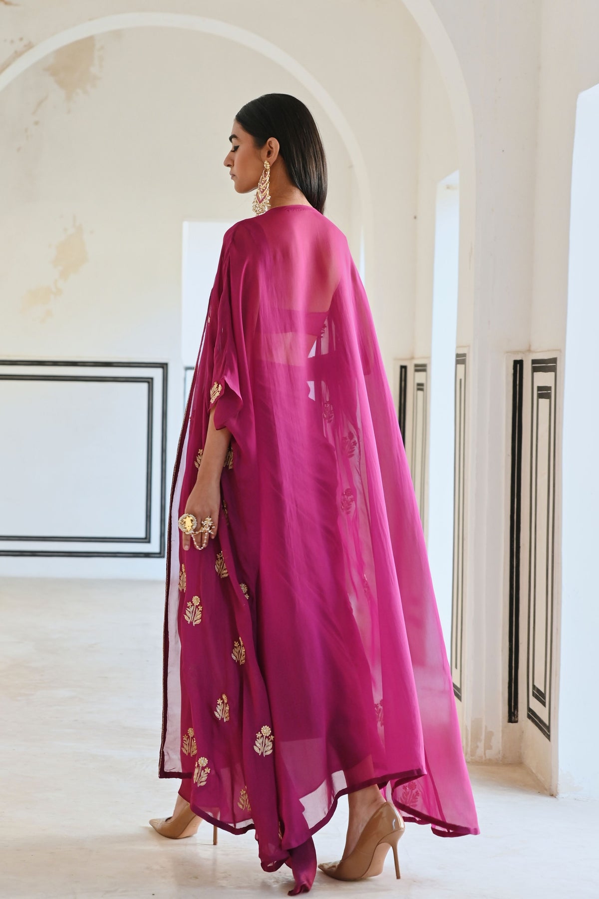 Magenta Embroidered Cowl Skirt Set