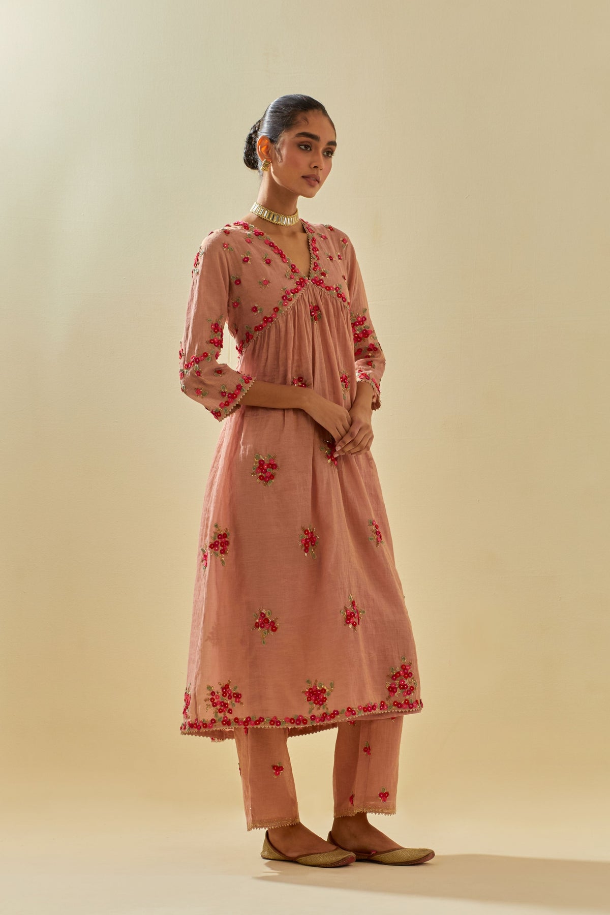 Pink V Neck Kurta Set