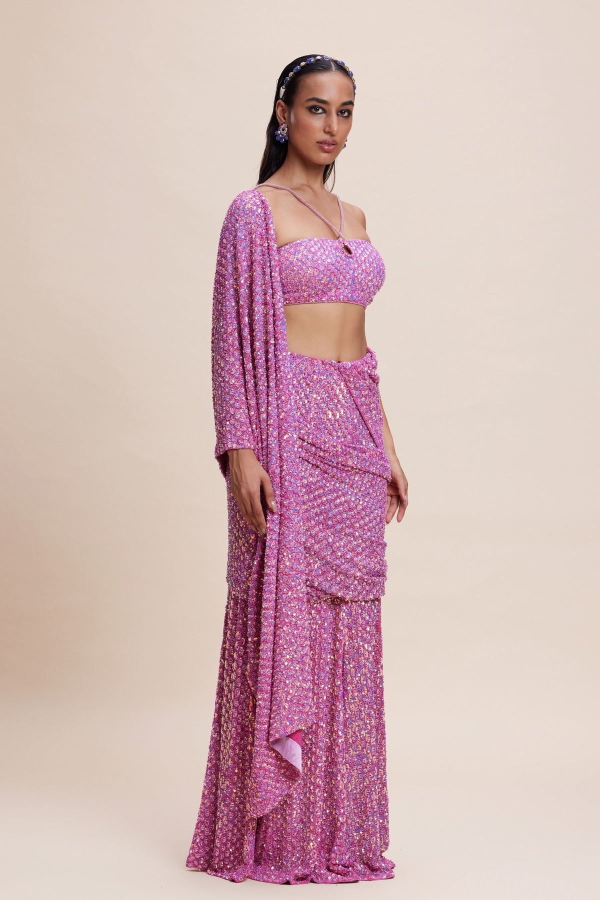 Pink Embellished Draped Saree Set