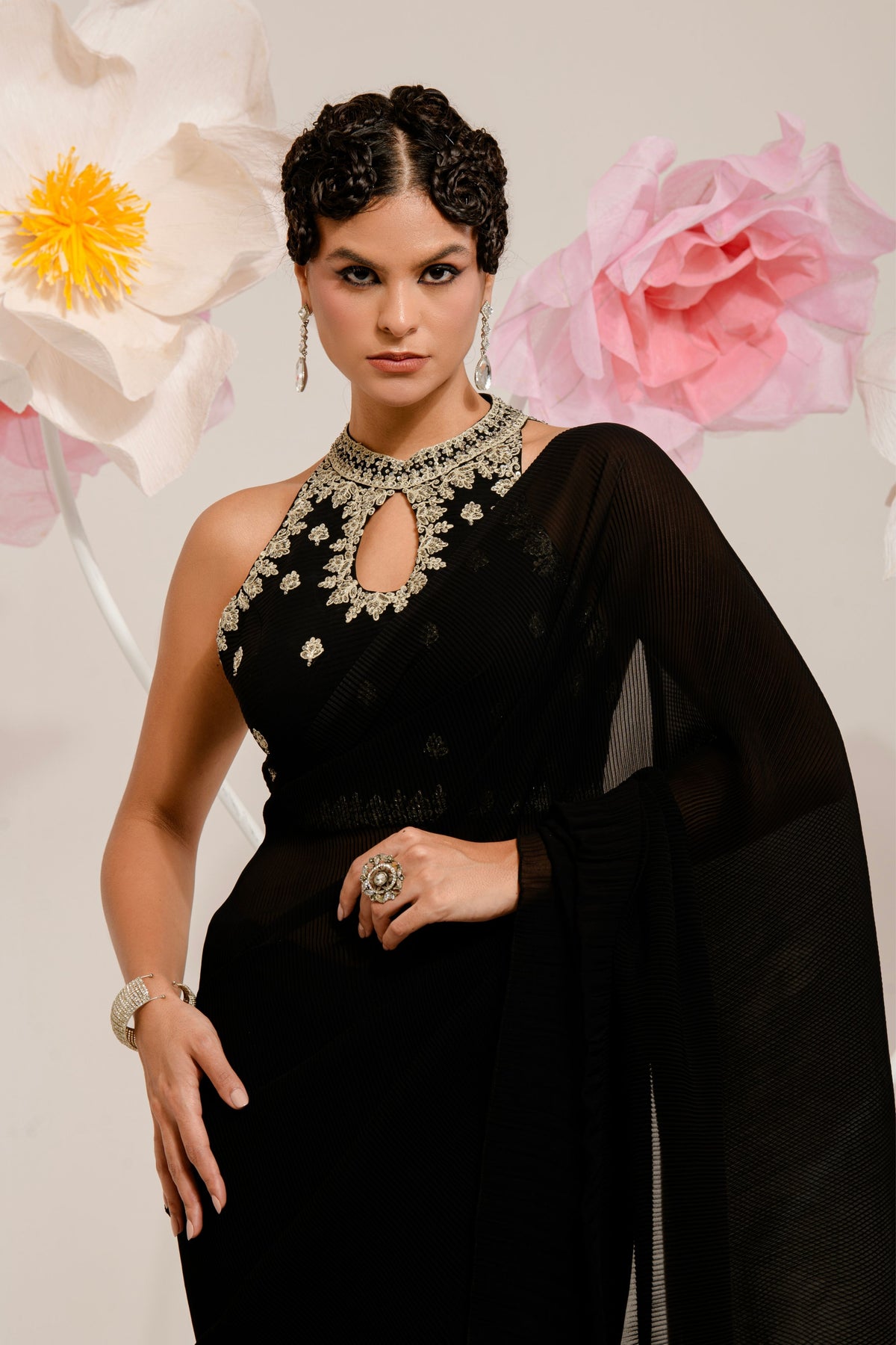 Pre-draped Black Pleated Saree