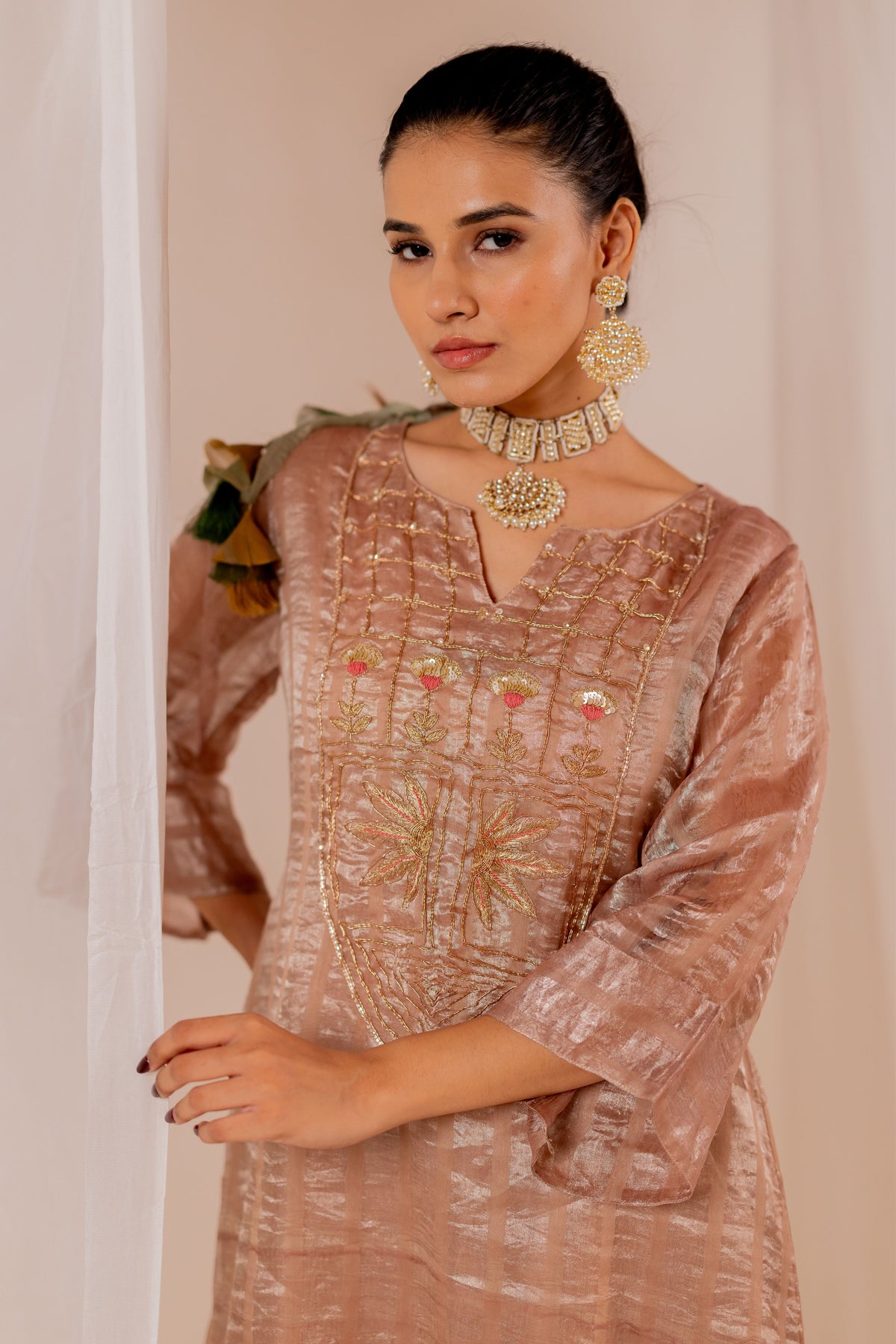 Firduas Beige Striped Kurta Set