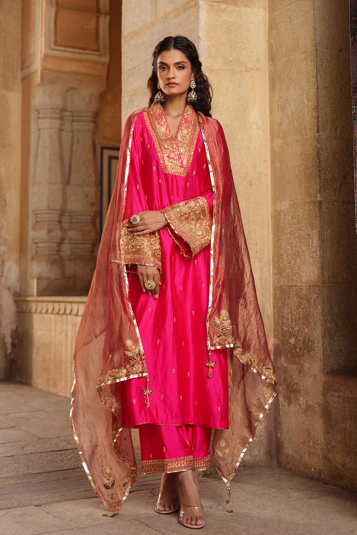 Shocking Pink Collar Kurta Set