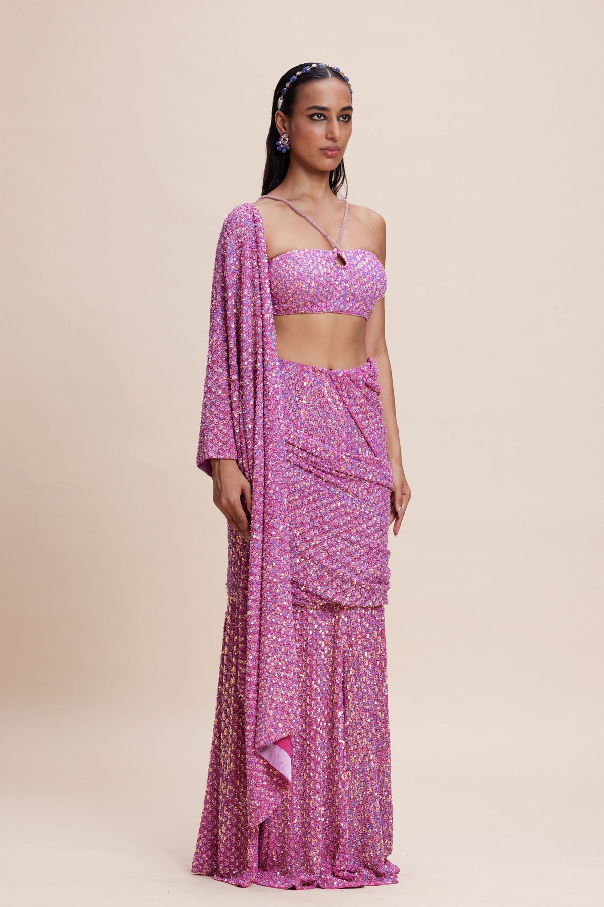 Pink Embellished Draped Saree Set