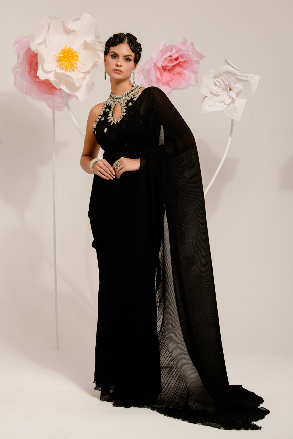 Pre-draped Black Pleated Saree