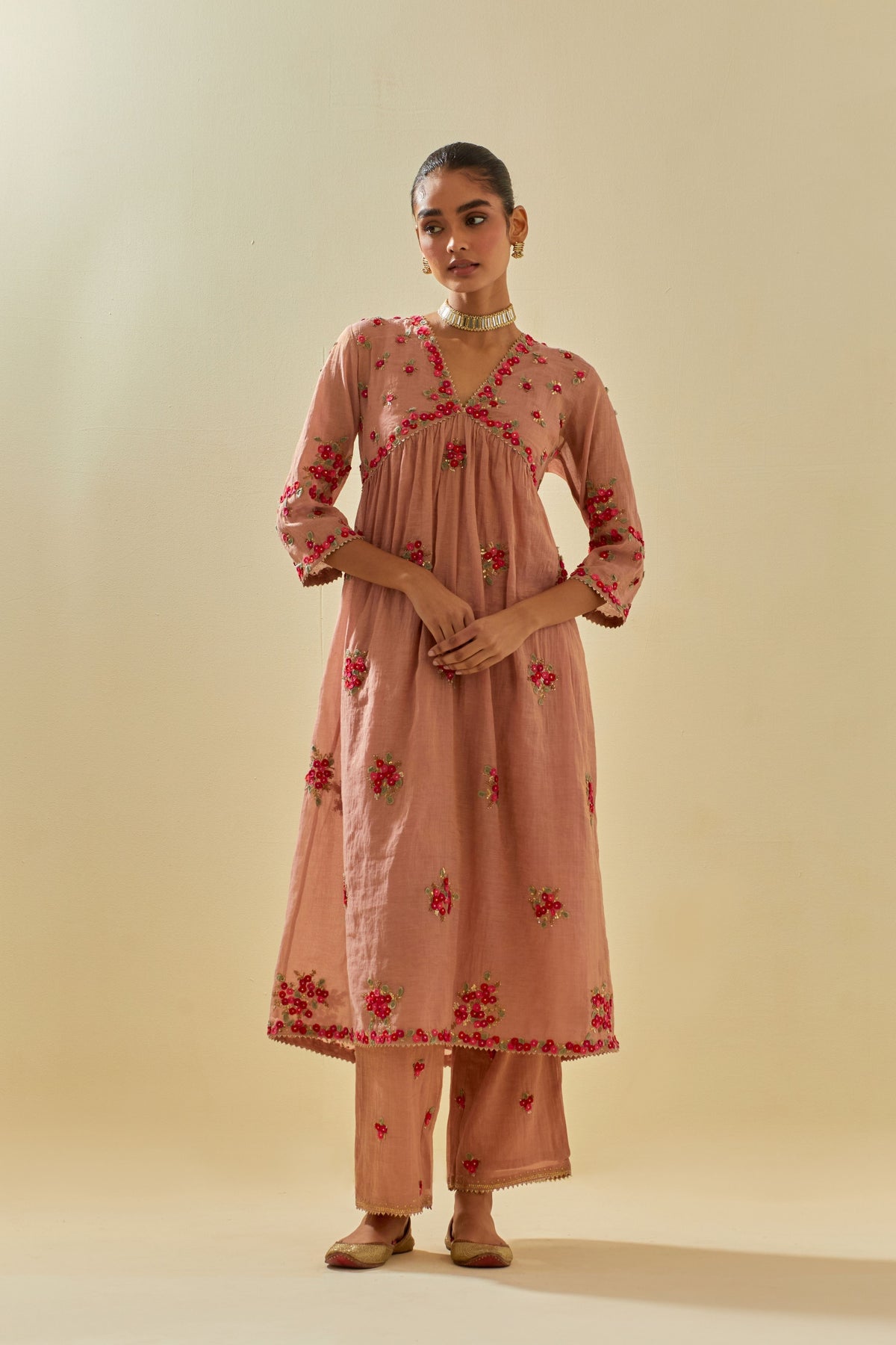 Pink V Neck Kurta Set