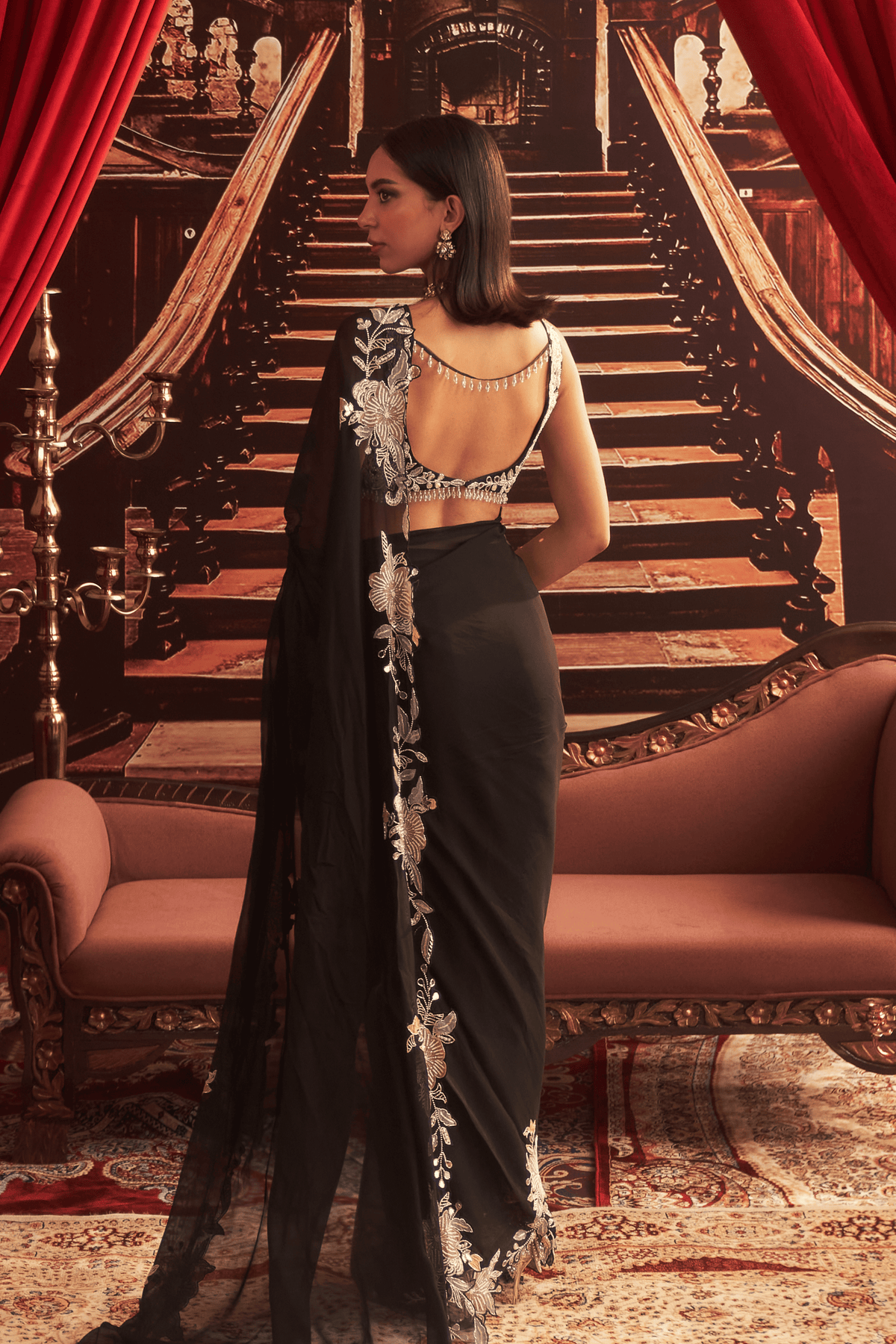 Black Drape Saree With Choli