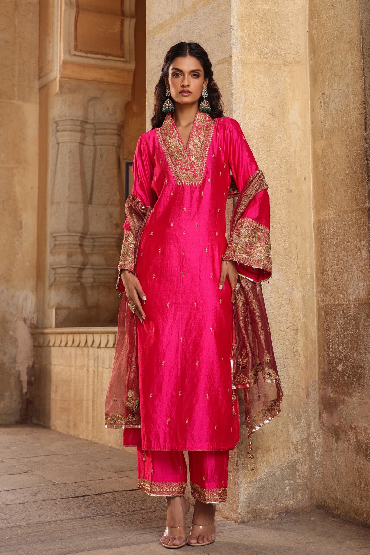 Shocking Pink Collar Kurta Set