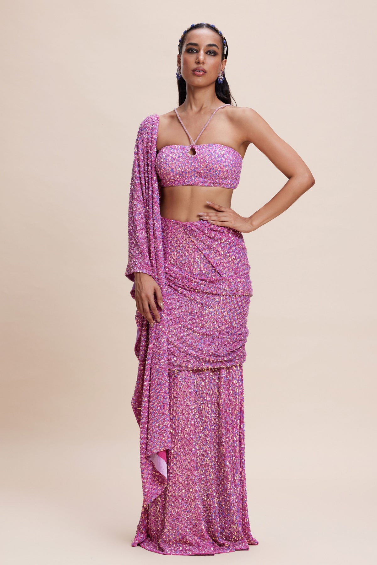 Pink Embellished Draped Saree Set