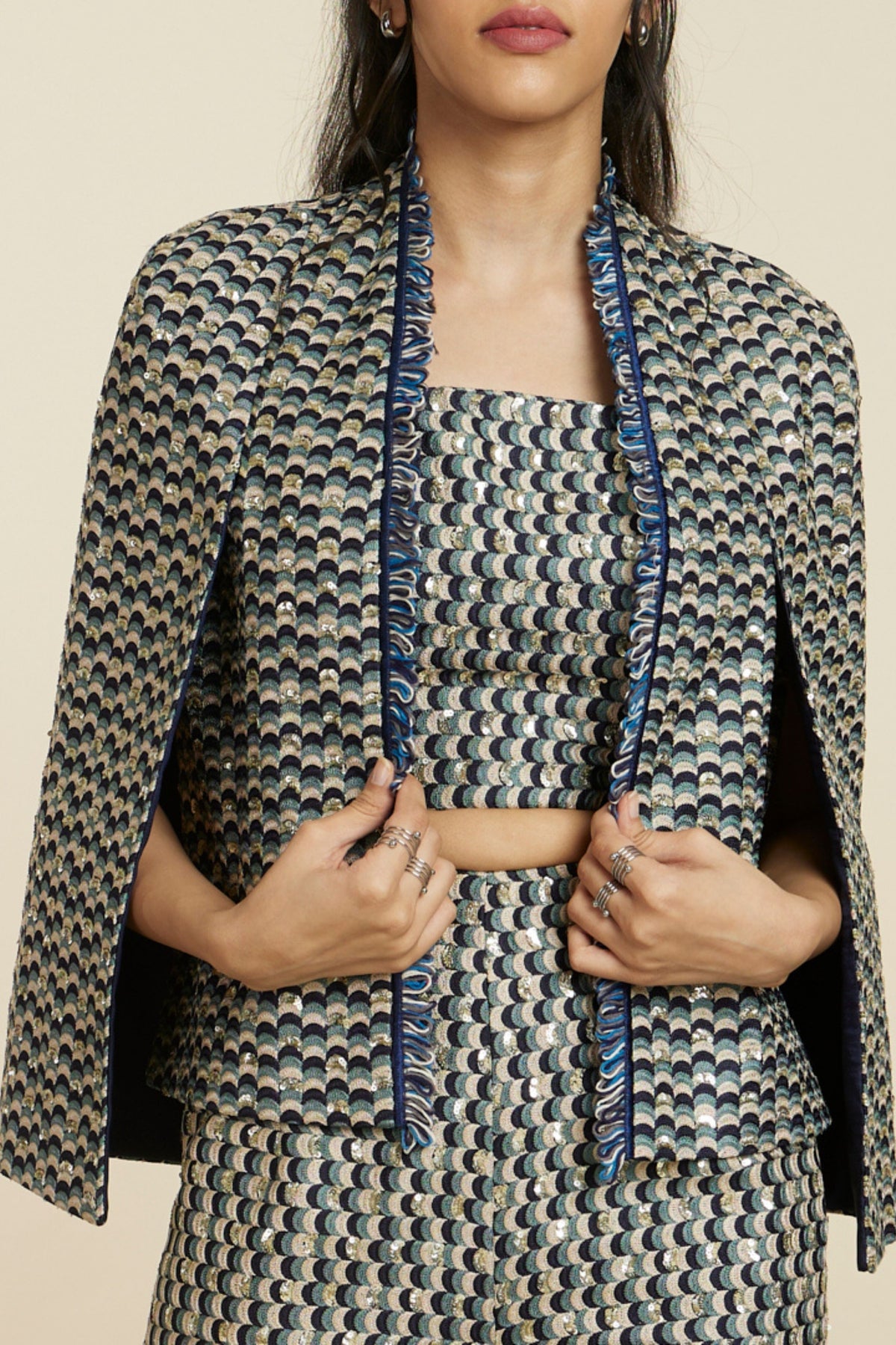 Blue Scallop Embroidered Jacket Set