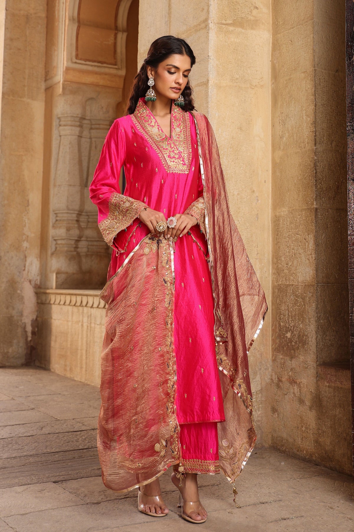 Shocking Pink Collar Kurta Set