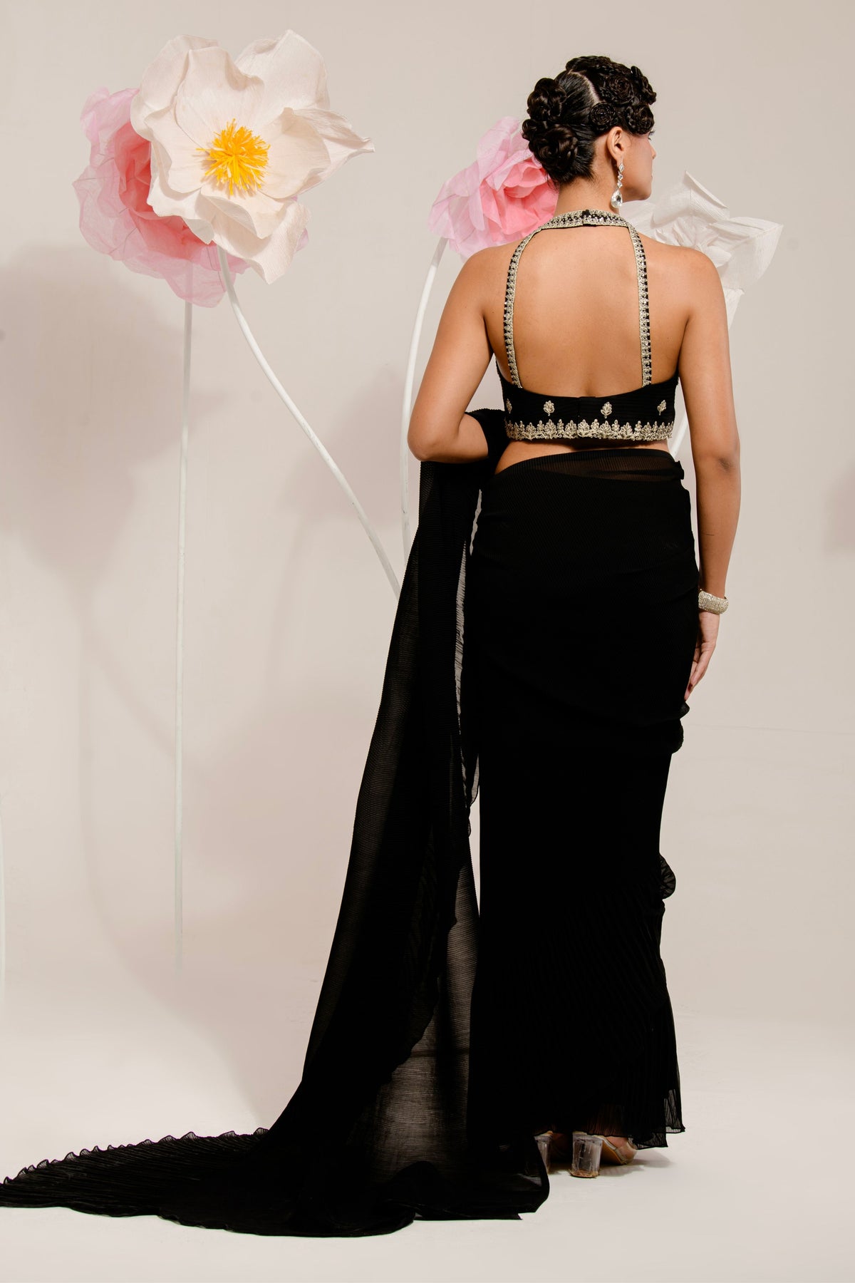 Pre-draped Black Pleated Saree