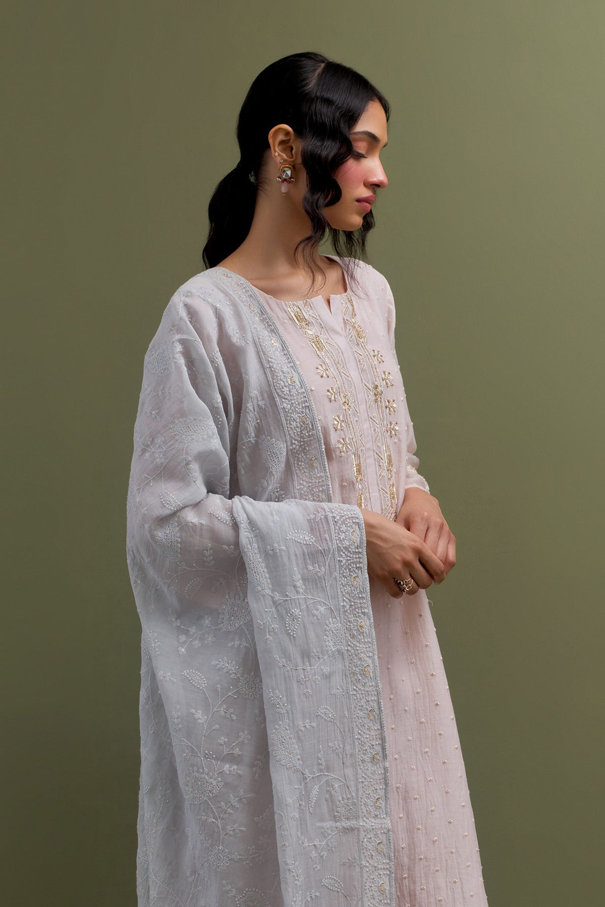 Pink Embroidered High Low Kurta Set With Dupatta