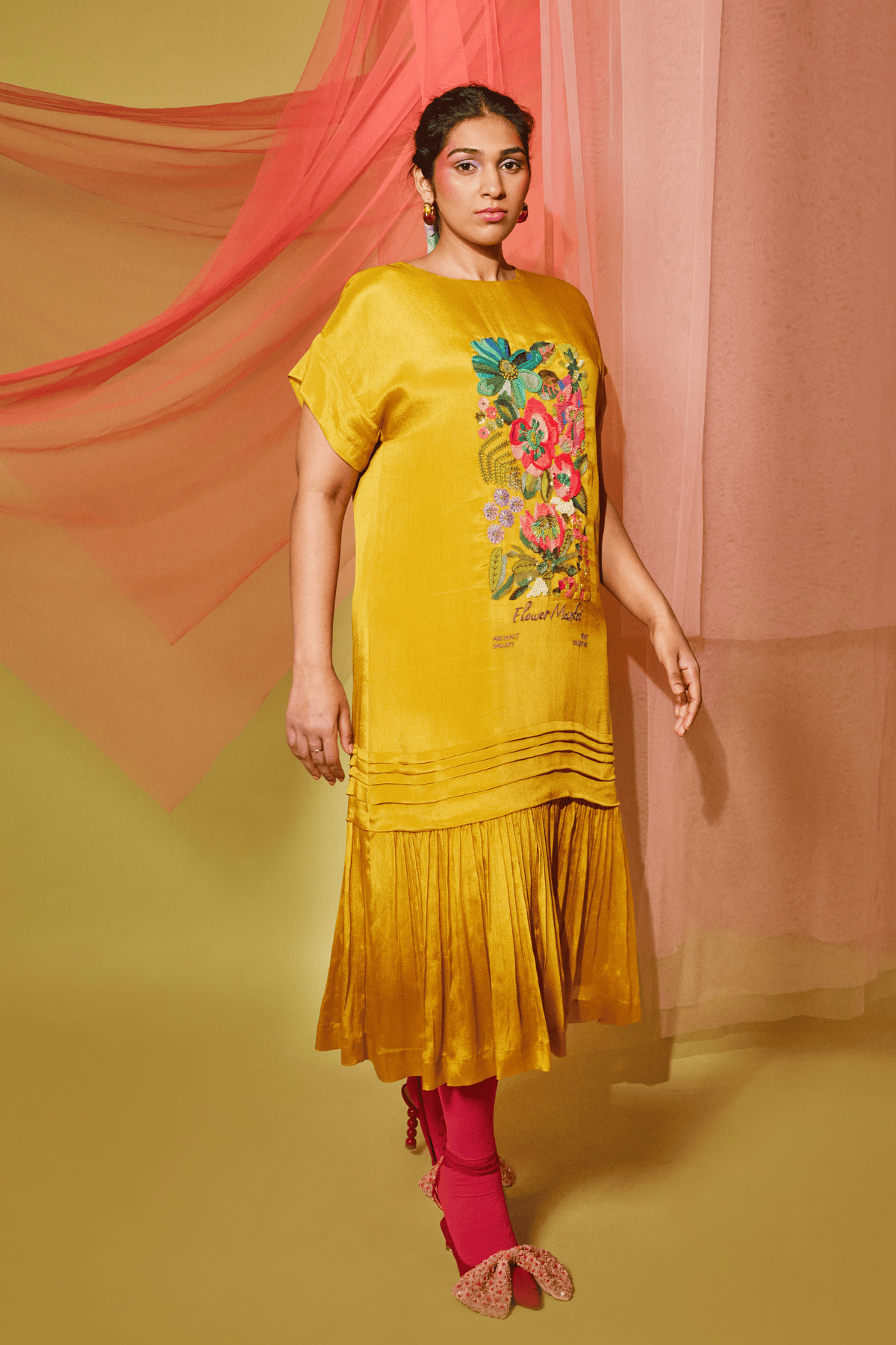 Floral Poster Midi Flapper Mustard