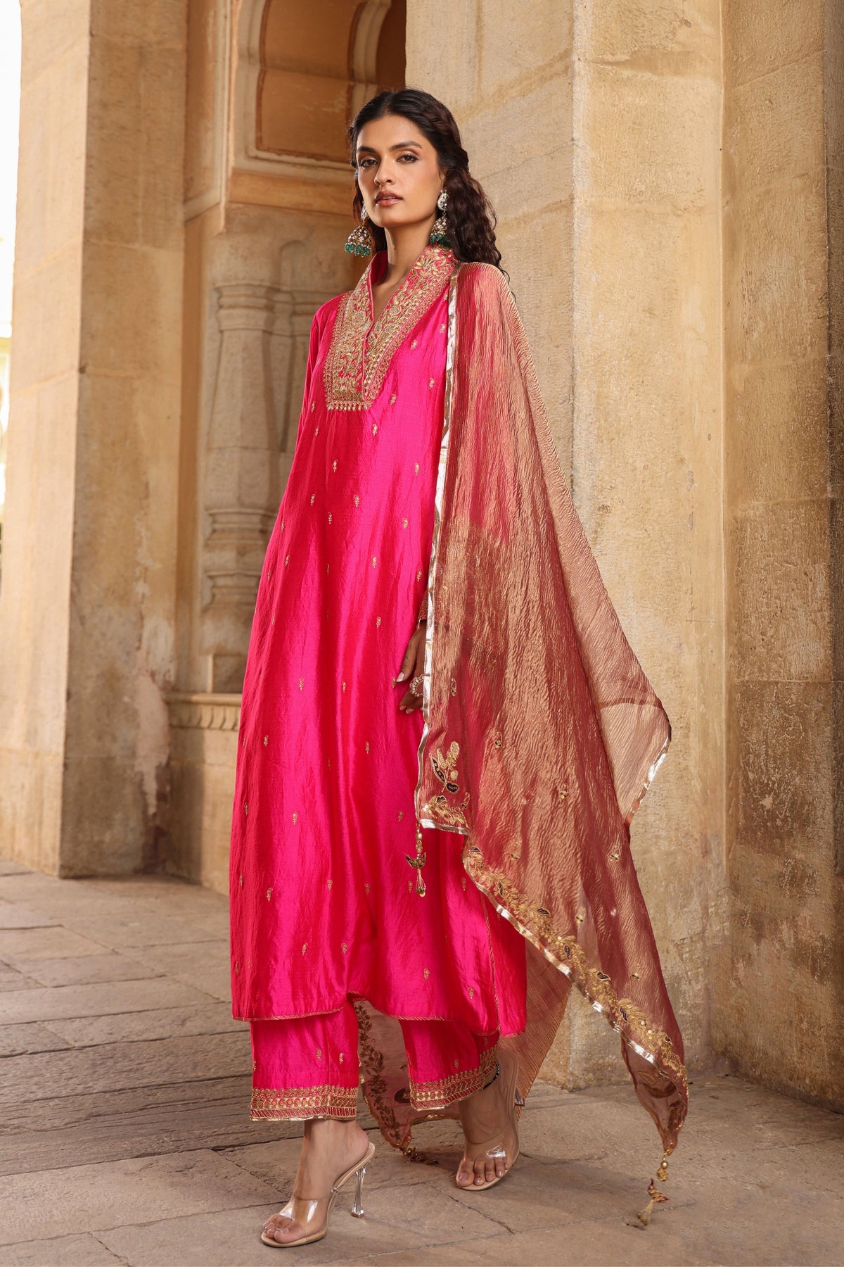 Shocking Pink Collar Kurta Set