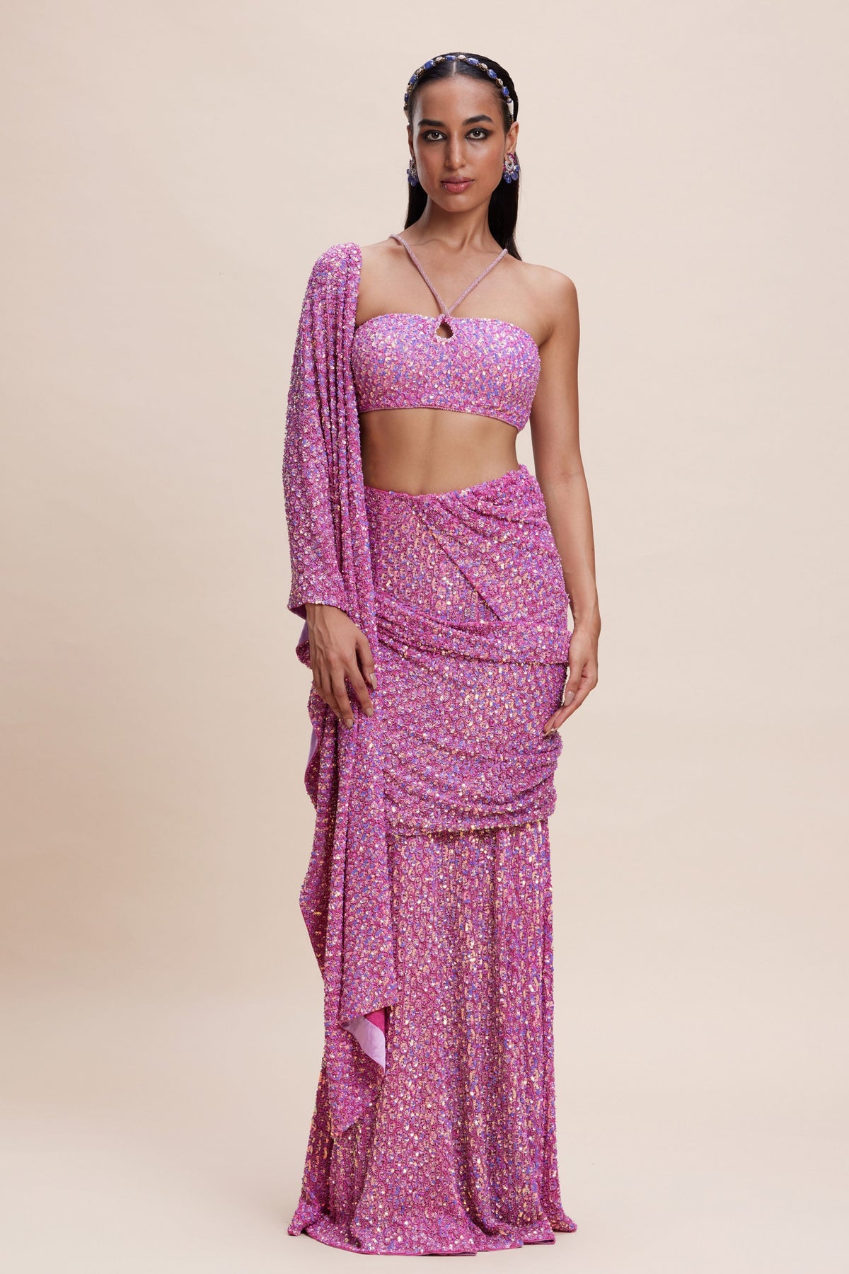 Pink Embellished Draped Saree Set