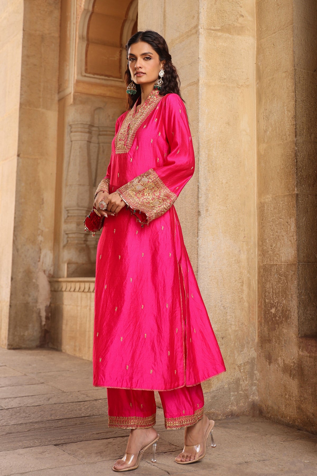 Shocking Pink Collar Kurta Set