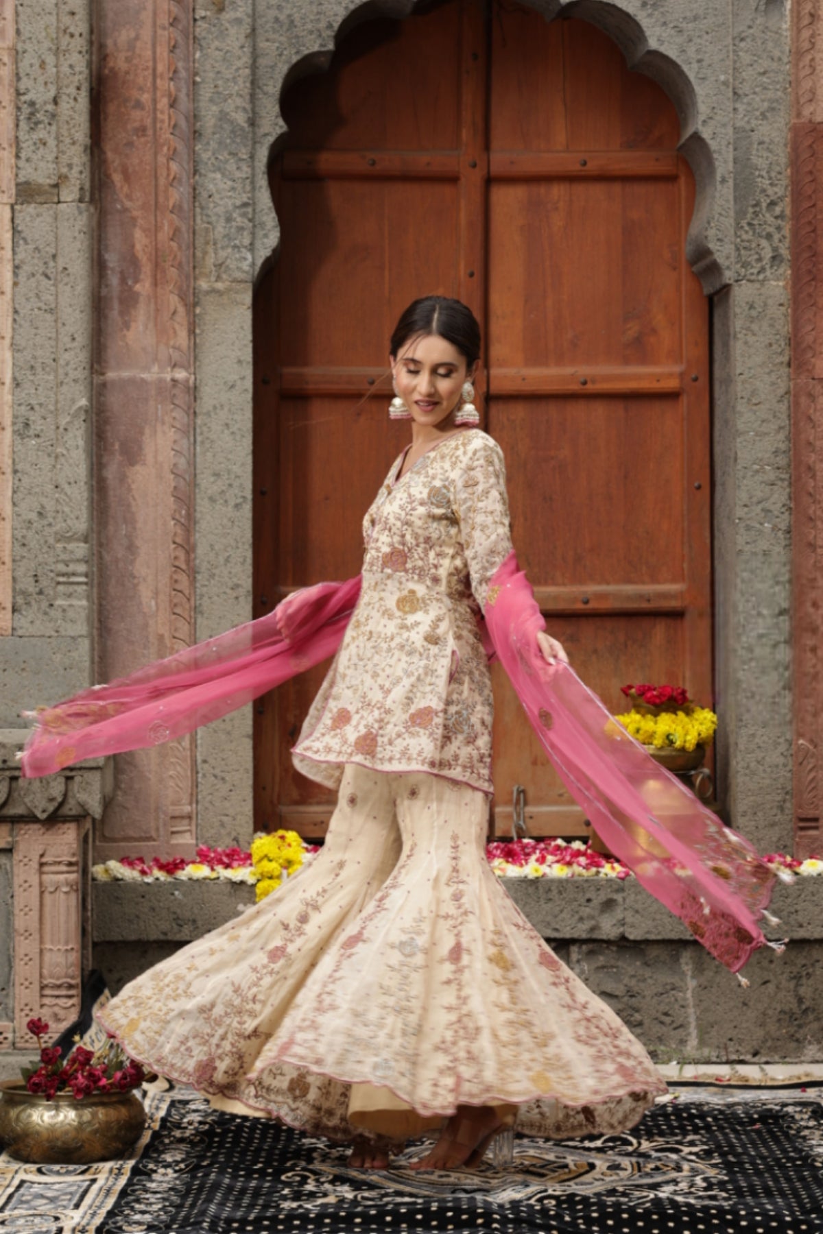 Sharara Set in Colourful Beige