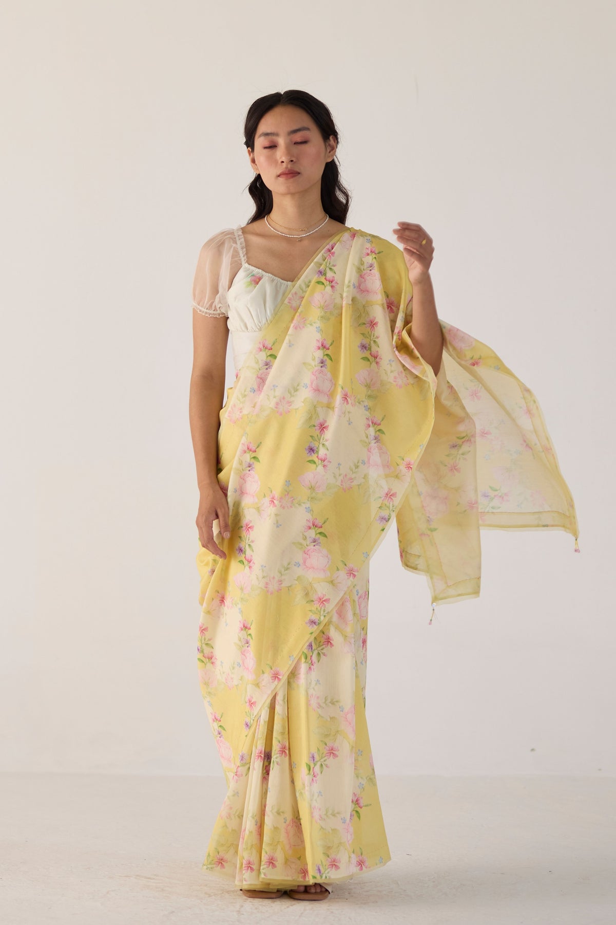 Yellow Rose Garden Silk and Cotton Chanderi Sari