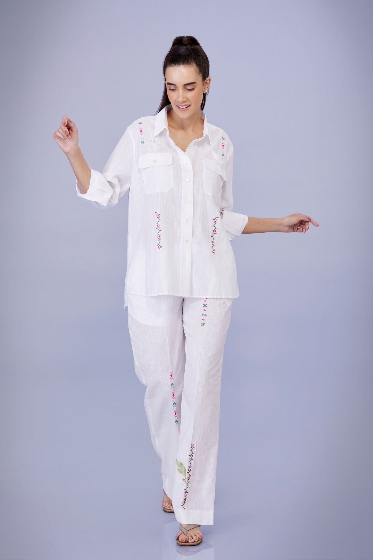 White Pastel Line Embroidery Shirt