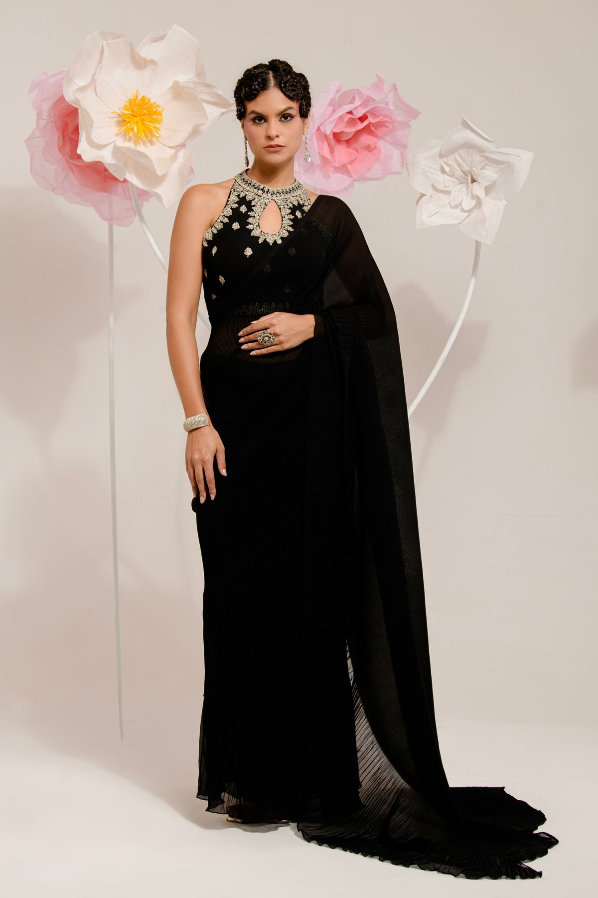 Pre-draped Black Pleated Saree