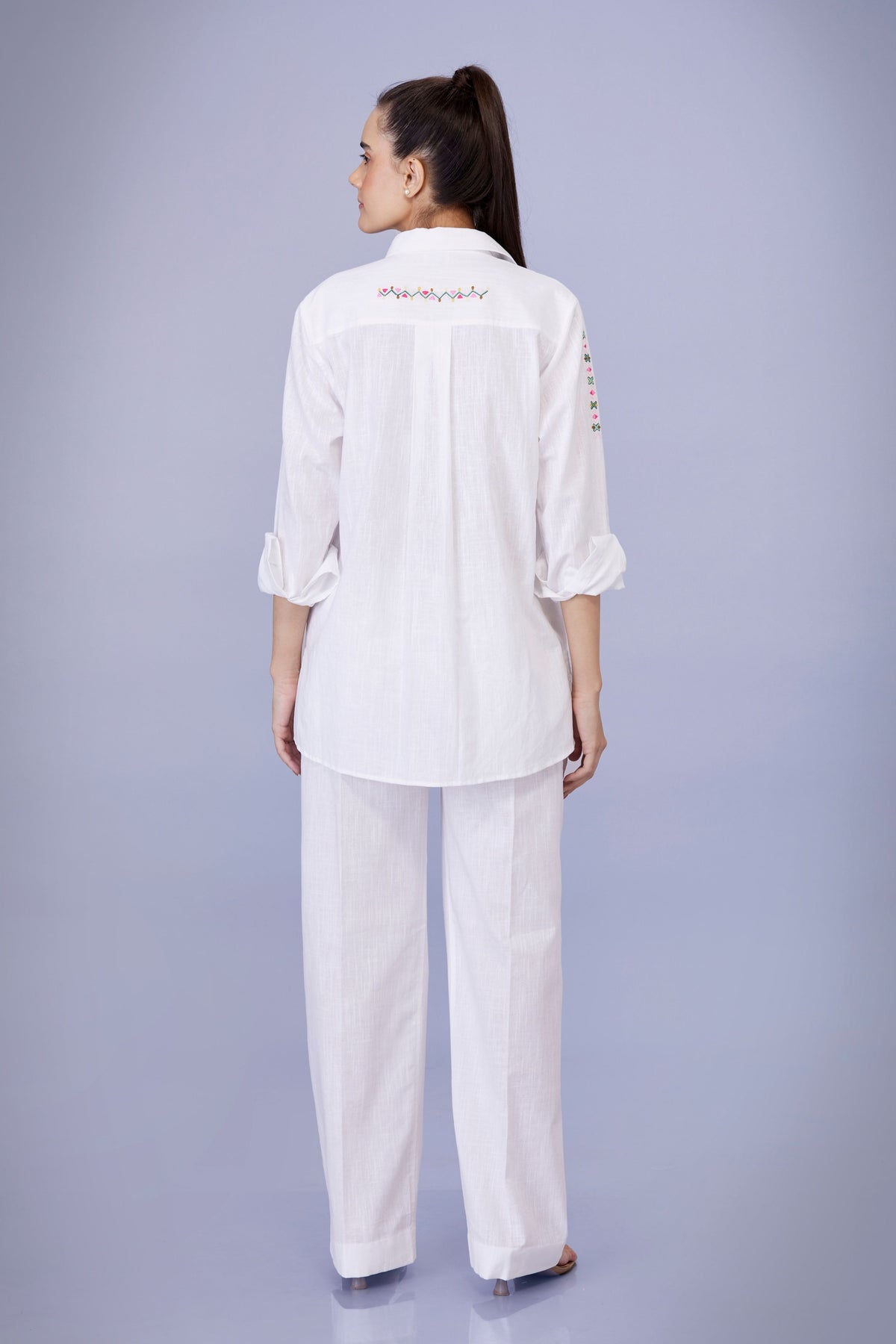 White Pastel Line Embroidery Trousers