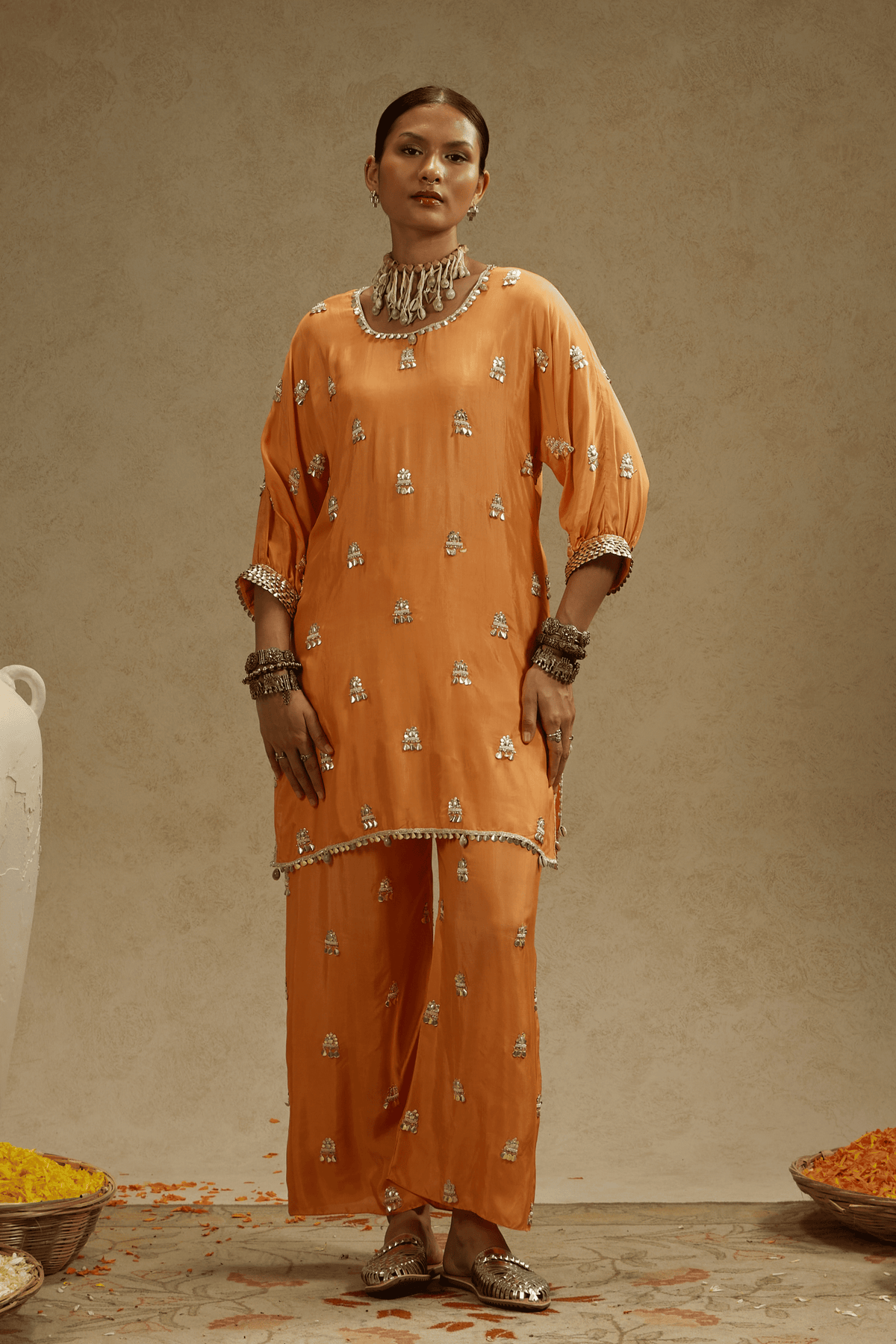 Orange Embellished Tunic Set