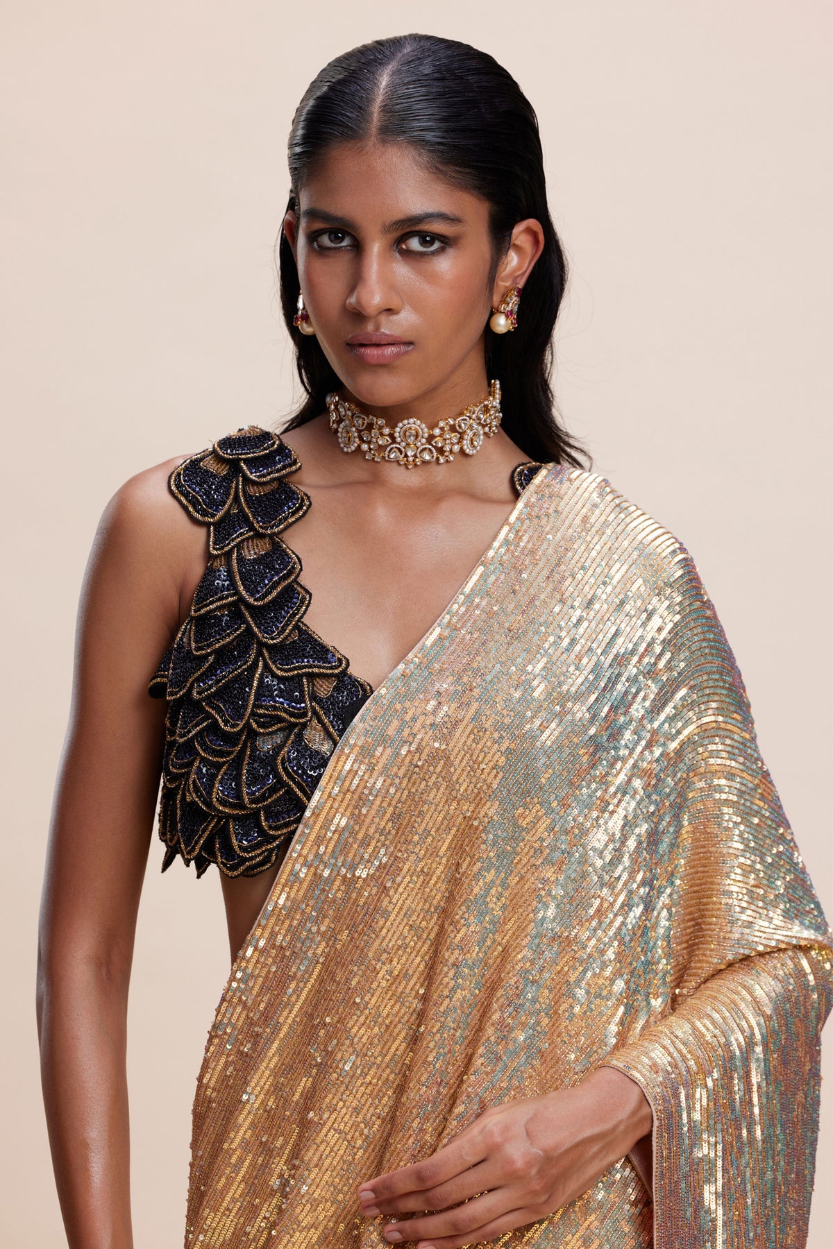 Gold Sequin Draped Saree Set