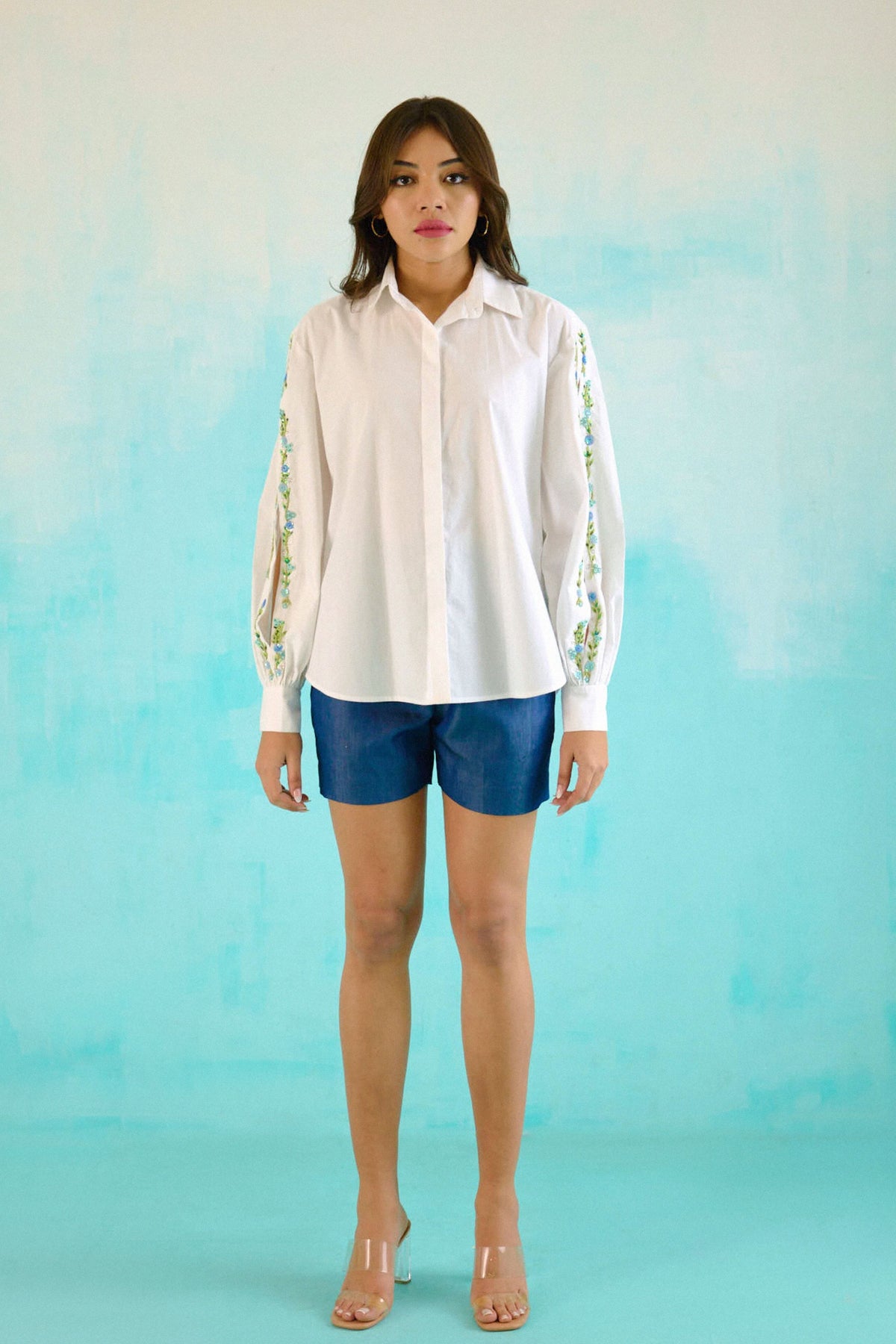 White Hand Embroidered Blue Sequins Upbeat Shirt