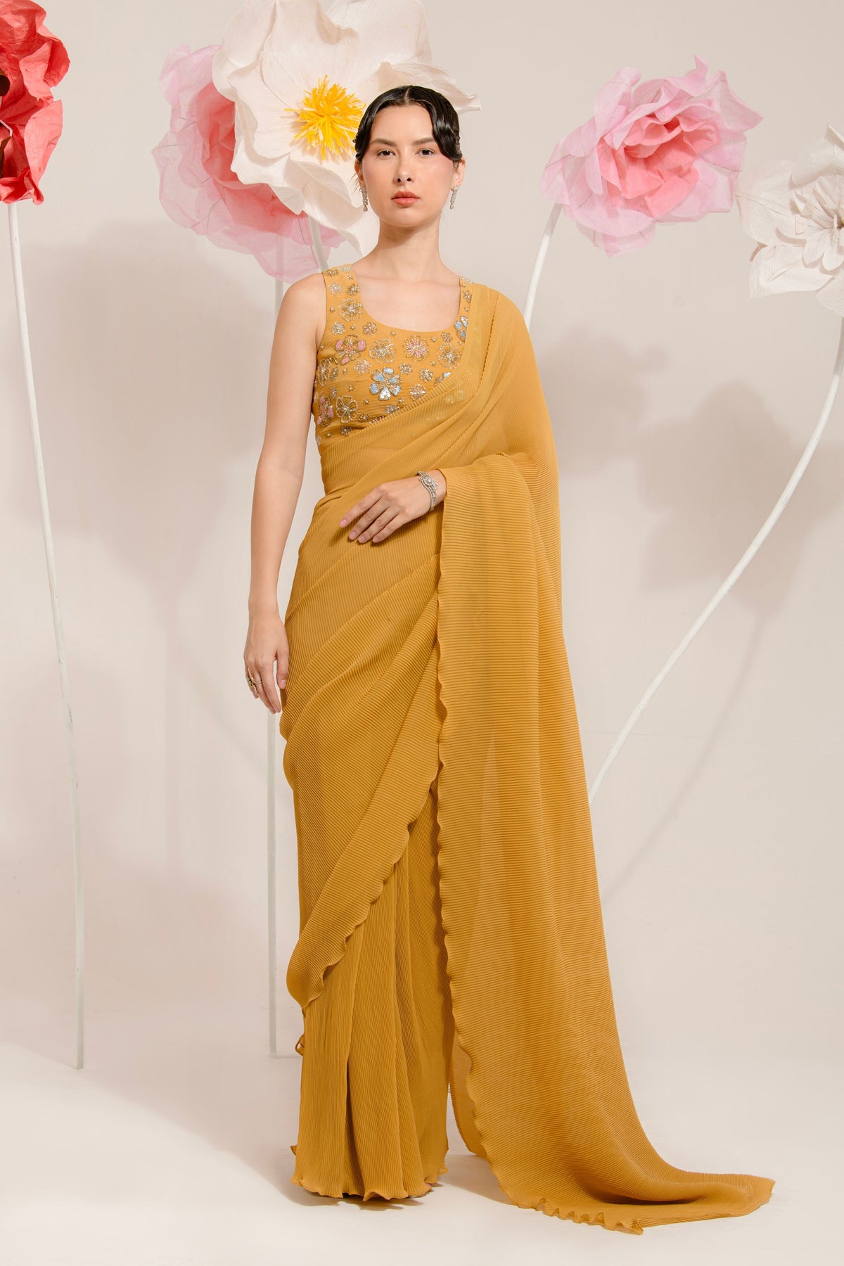 Pre-draped Mustred Pleated Saree