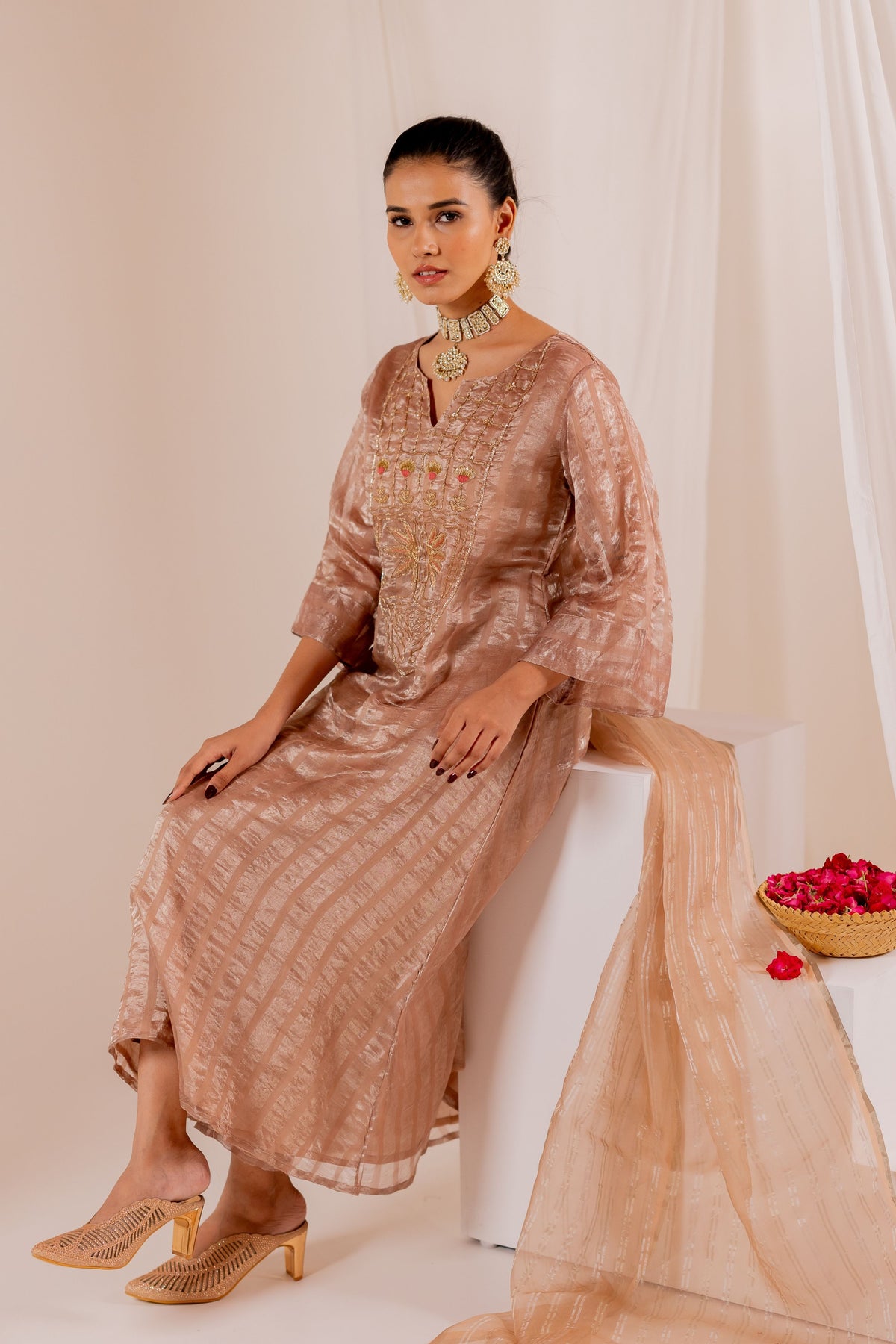 Firduas Beige Striped Kurta Set