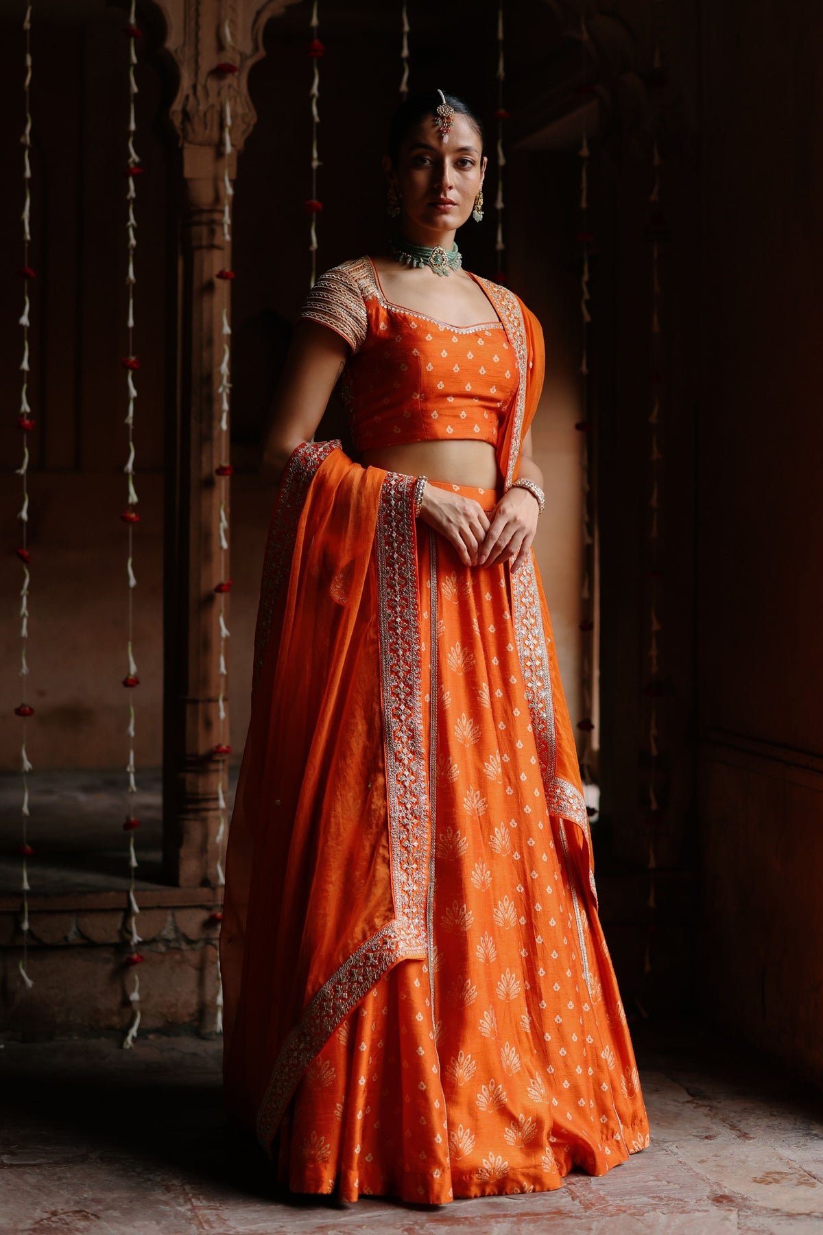 Orange Embroidered Lehenga Set