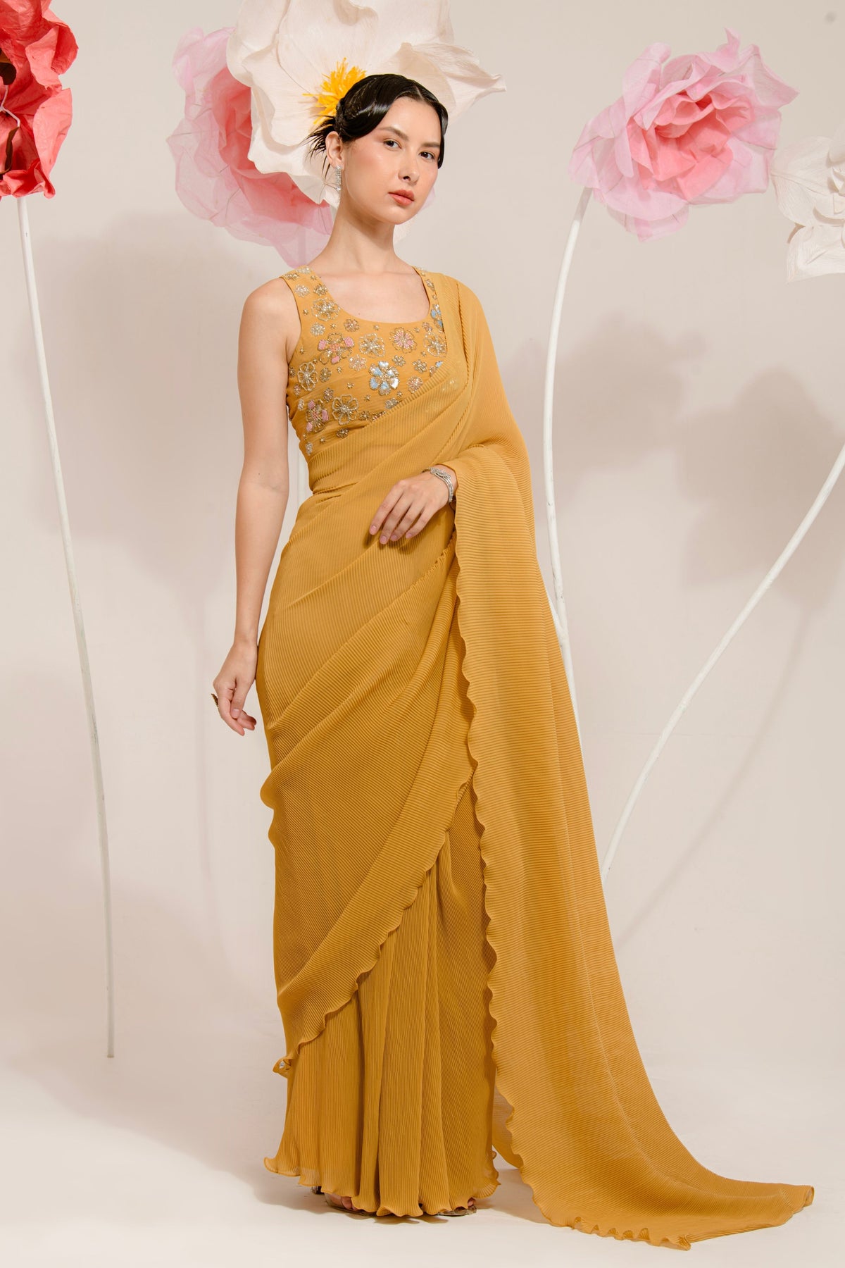 Pre-draped Mustred Pleated Saree