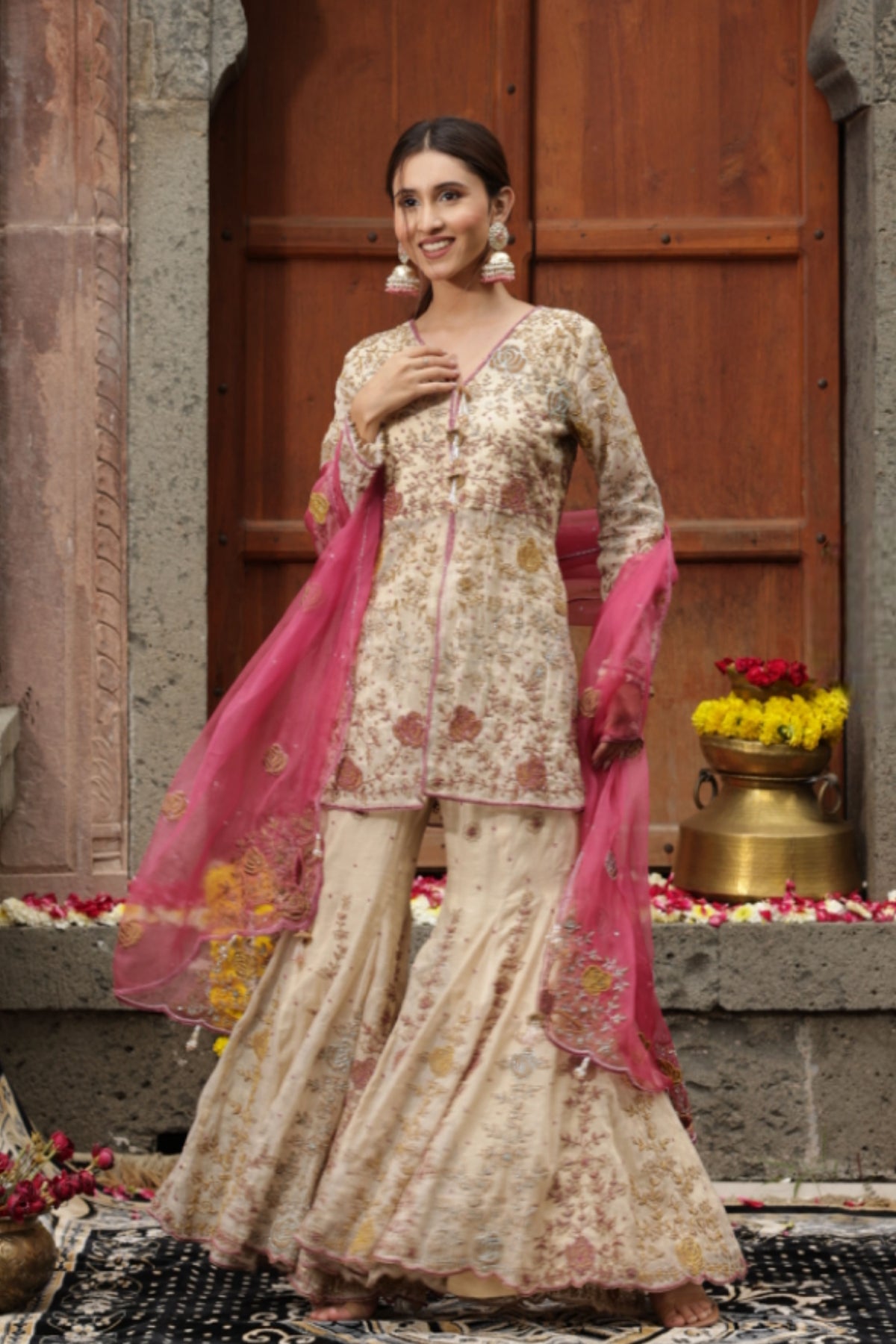 Sharara Set in Colourful Beige