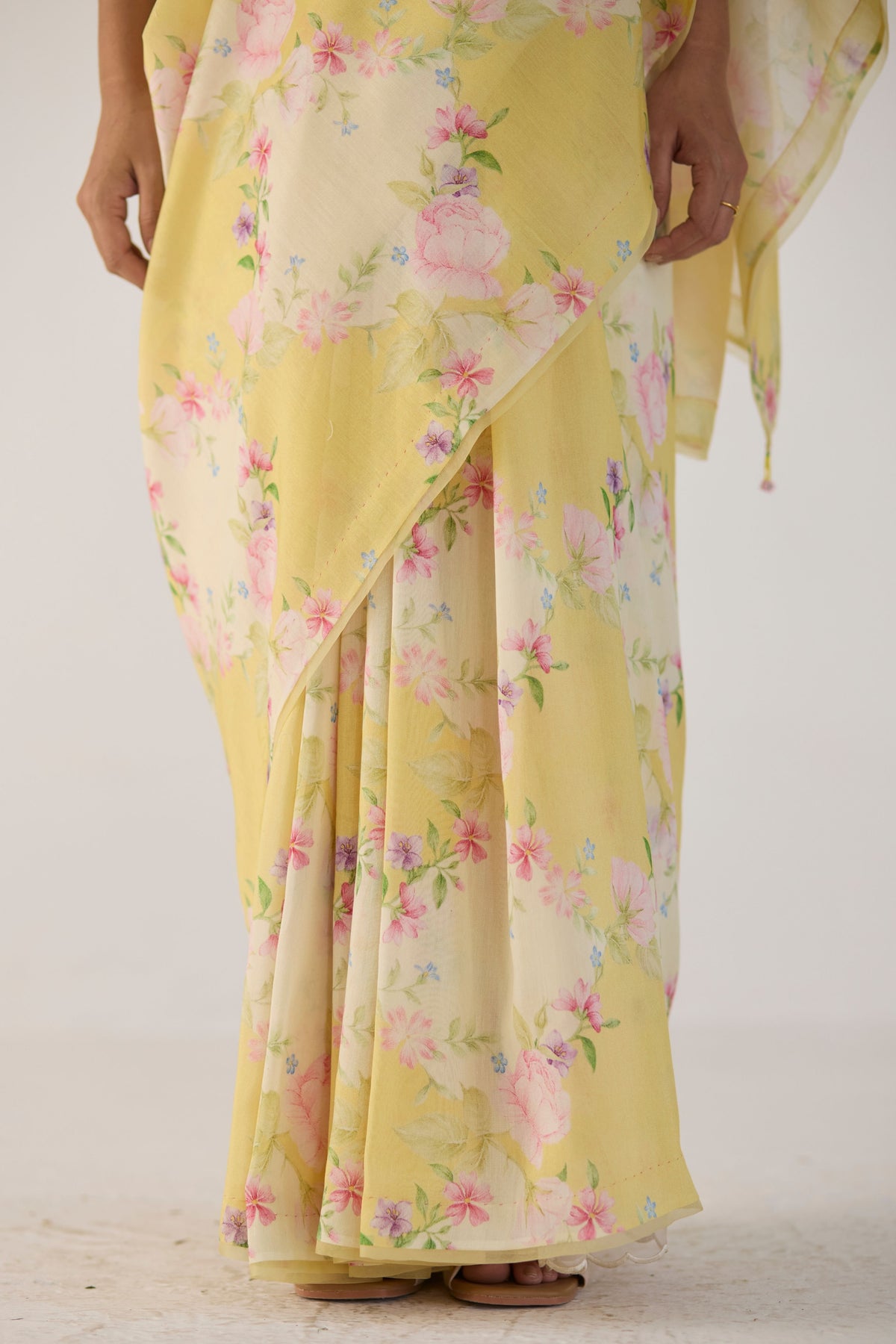 Yellow Rose Garden Silk and Cotton Chanderi Sari