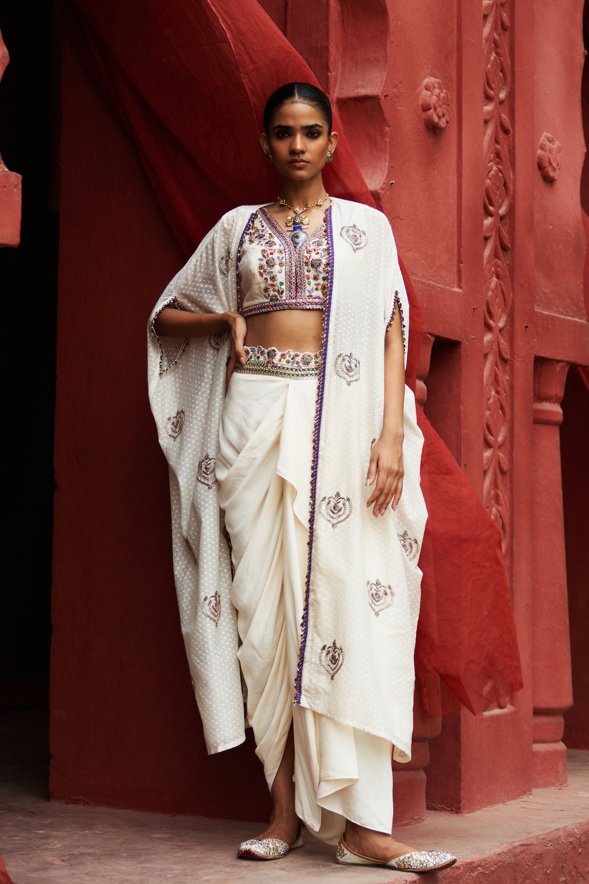 Ivory Embroidered Cape Set