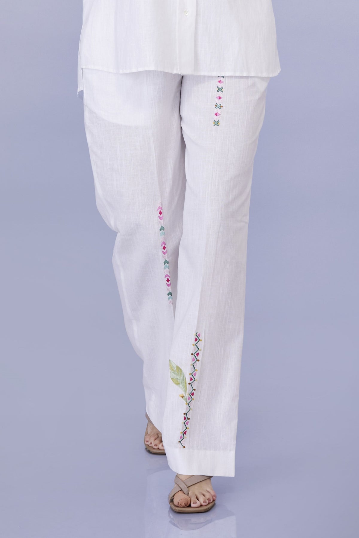 White Pastel Line Embroidery Trousers