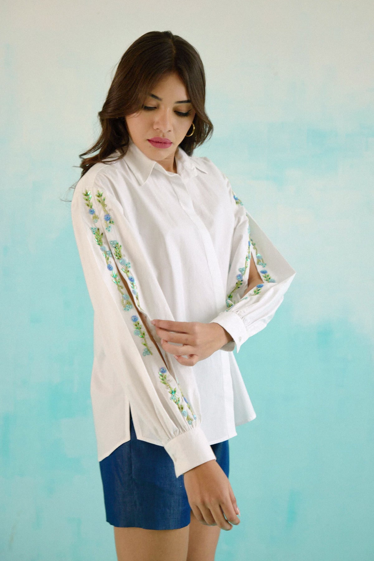 White Hand Embroidered Blue Sequins Upbeat Shirt