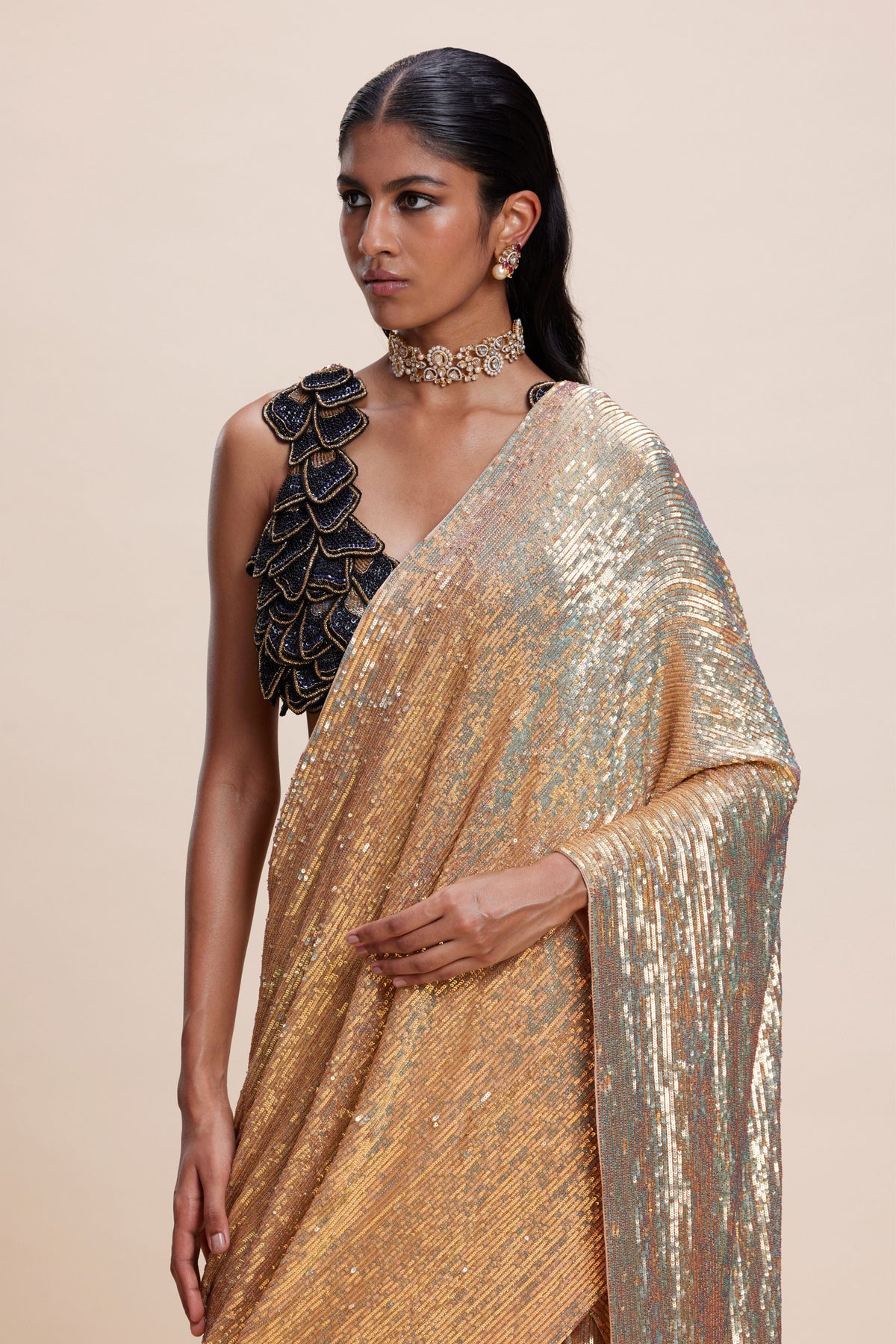 Gold Sequin Draped Saree Set