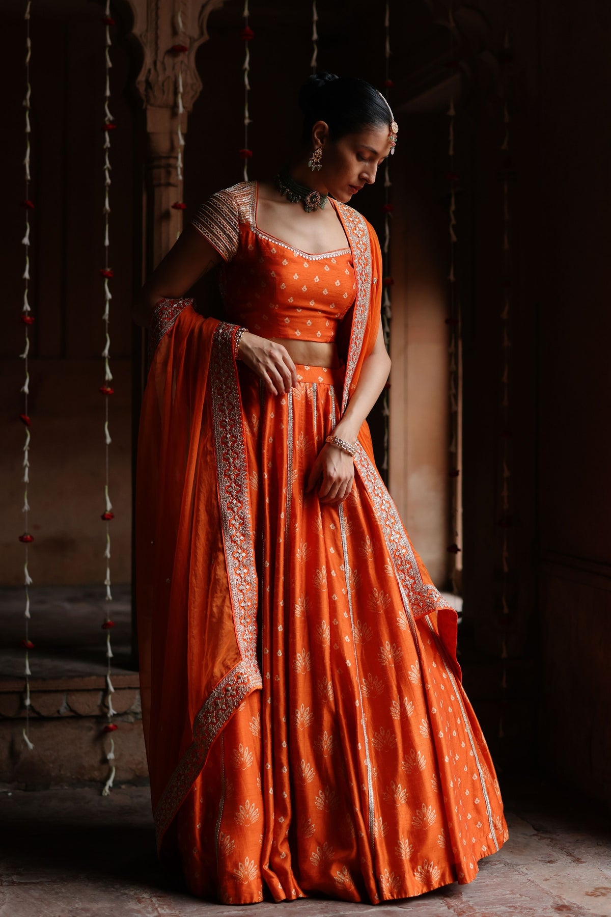 Orange Embroidered Lehenga Set