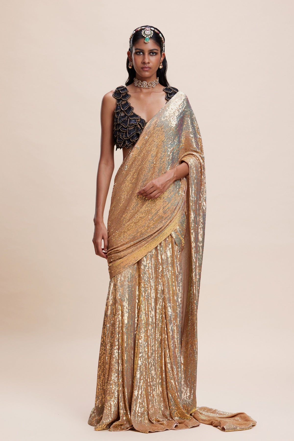 Gold Sequin Draped Saree Set