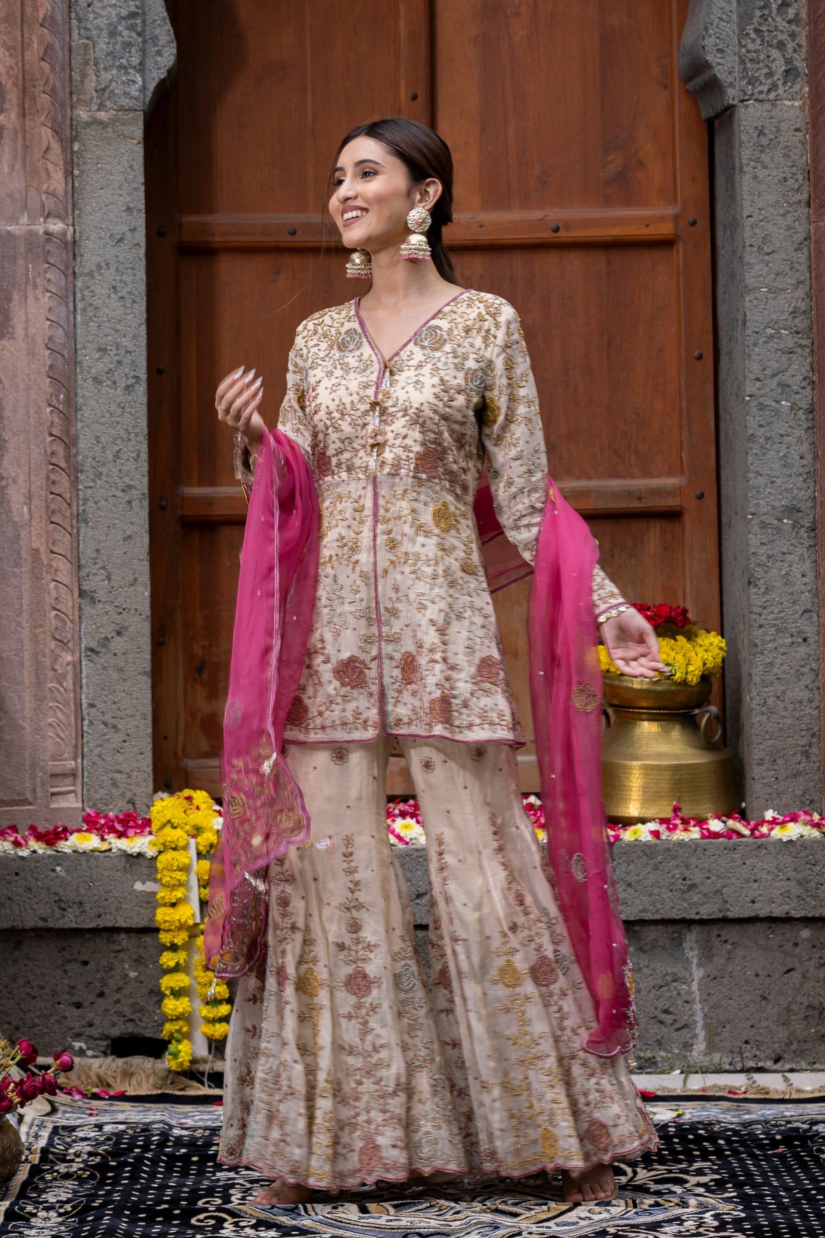 Sharara Set in Colourful Beige